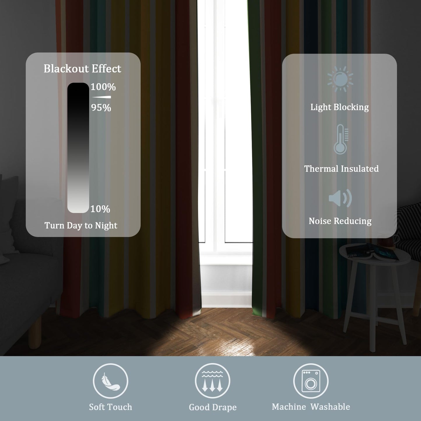 Colorful Striped Curtains Blackout - Retro Rainbow Stripe Curtains 84 Inch Length 2 Panels Set, Colorful Striped Window Curtain for Bedroom, Living Room, Thermal Insulated Grommet Drapes -O177