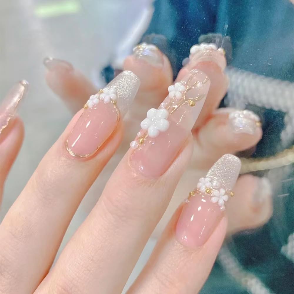 TENPAL 10PCS Soft Gel Press on Nails with Tools Kit,French Cat Eye Cherry Blossom 3D Gold Edge Fake Nails,Hand-Painted Sparkling Floral Design Glue on Nails,K-Style Medium Long Coffin False Nails(XS)