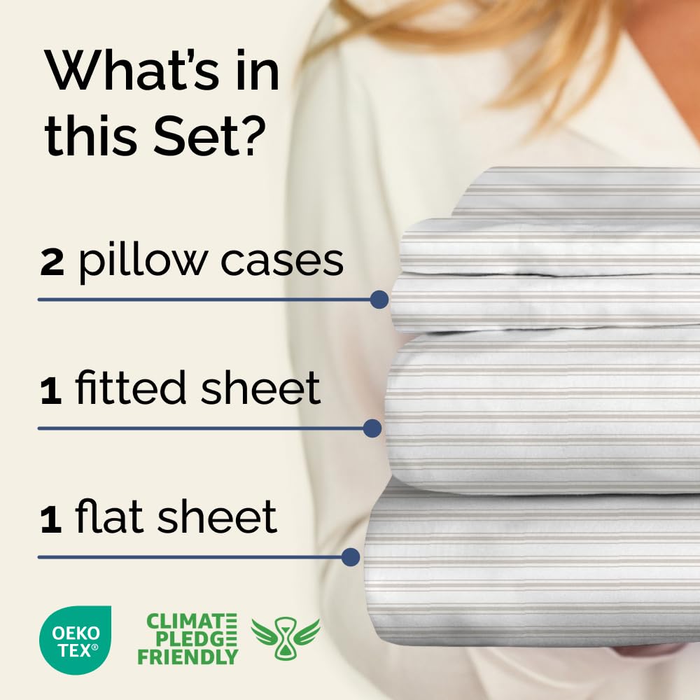 Grey Striped Sheets - 1 Flat & 1 Fitted Sheet & 2 Pillowcases w/ Deep Pockets - Comfy, Cozy, Wrinkle & Fade Resistant - Ultra Soft, Breathable and Cooling - Luxury Pinstripe Bedding - Queen Size