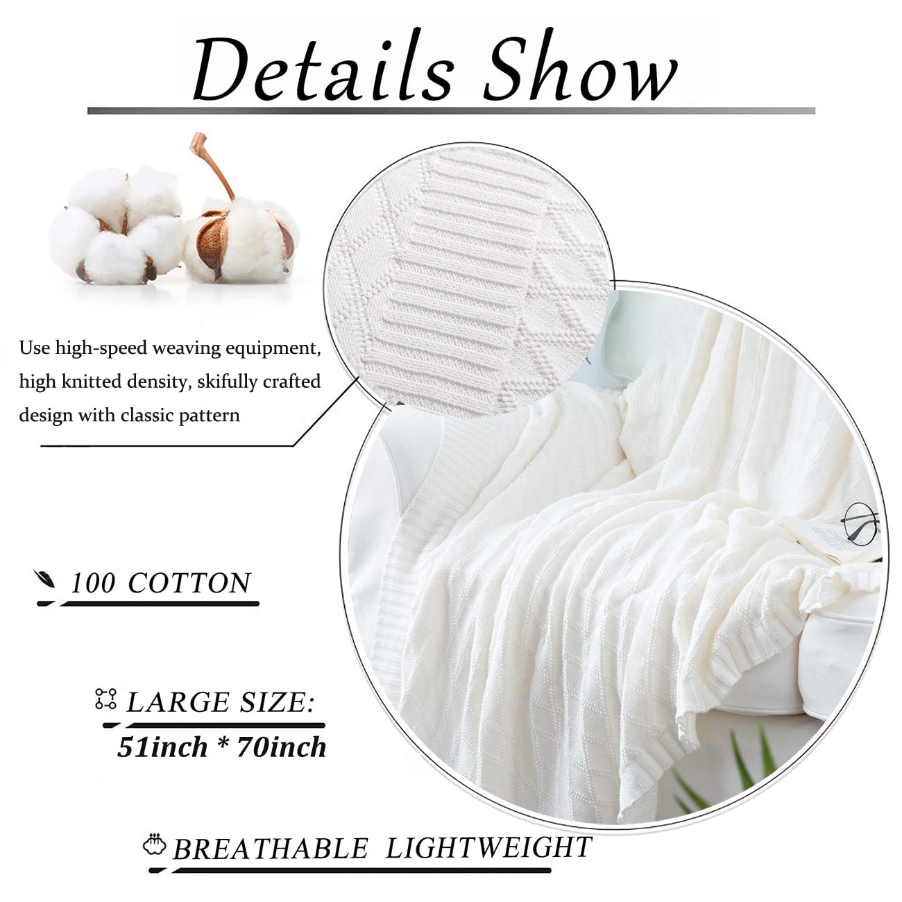 Cotton Knit White Throw Blanket for Couch Sofa Bed - Home Decorative Soft Cozy Sweater Woven Fall Throw Blanket