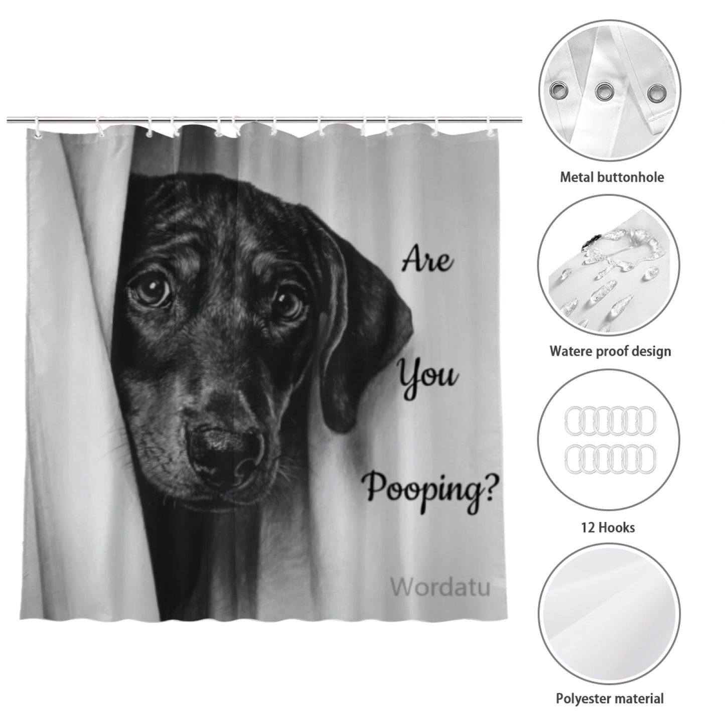 Wordatu Doberman Shower Curtain Funny are You Pooping Black and White Bath Curtain Bathroom Decor Animal Toilet Resistant Fabric with 12 Hooks 72x72