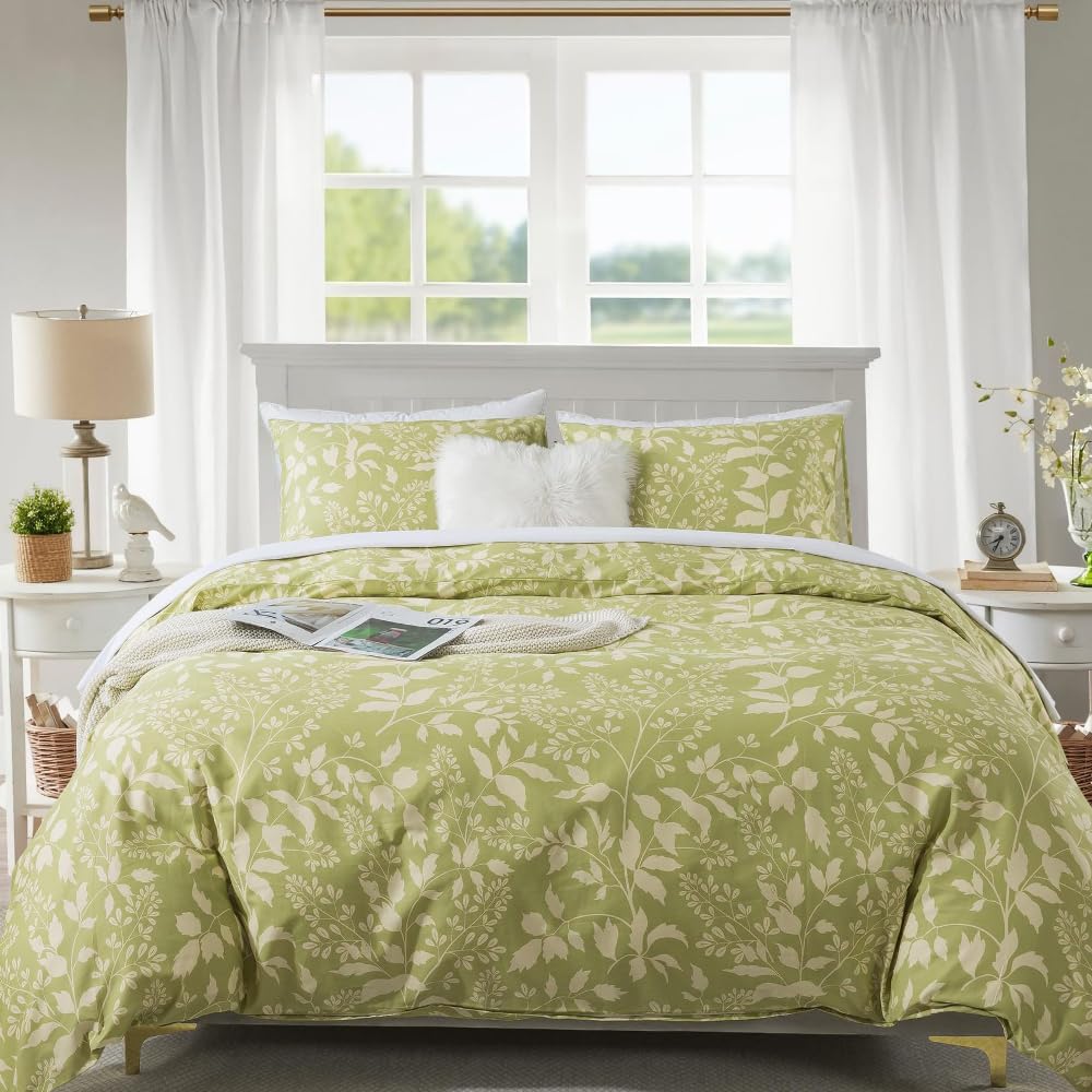 CLOTHKNOW Green Leaves Queen Comforter Set Floral Bedding Comforter Sets Botanical Comforter Soft All Season