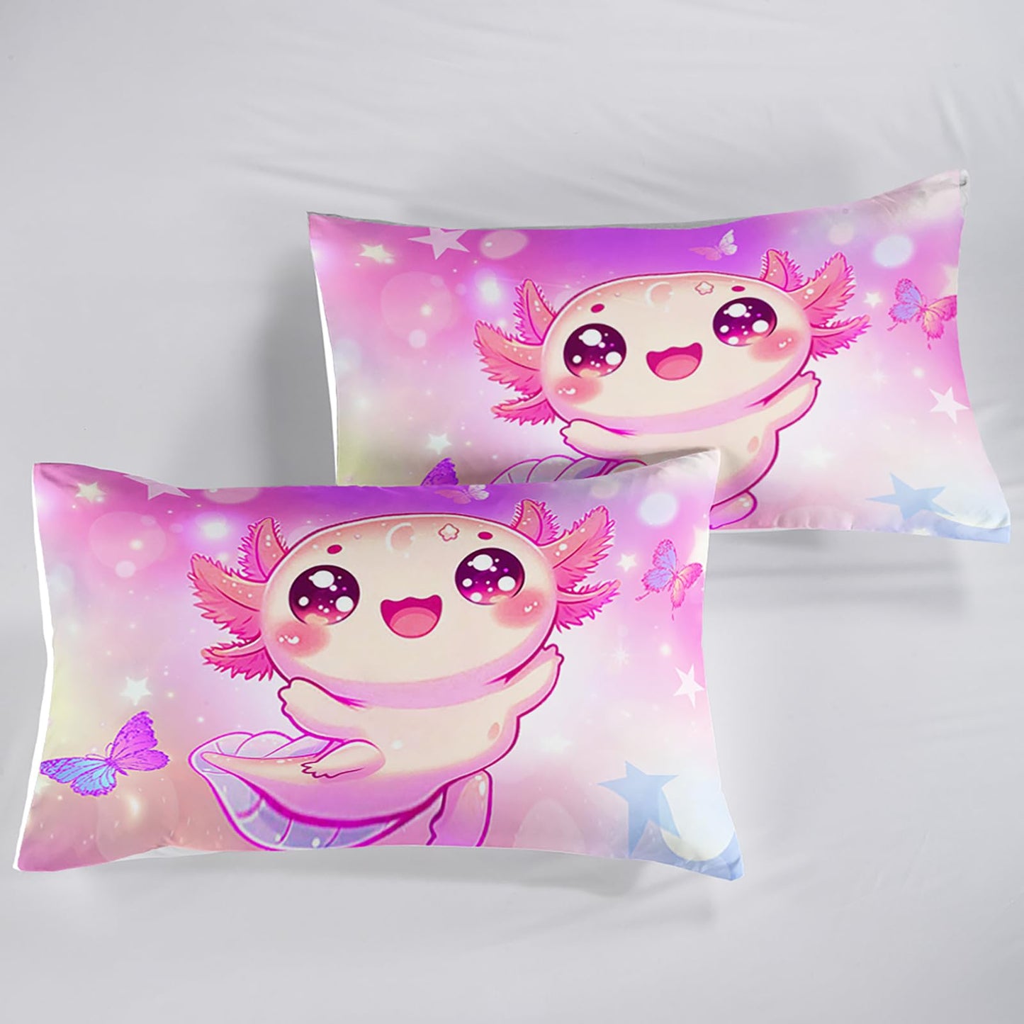 QOOMO 3Pcs Axolotl Comforter Set Twin,Kawaii Salamander Bedding Set for Teens Boys Girls,Butterfly Printed Comforter with 2 Pillowcases,Down Alternative,Soft and Lightweight