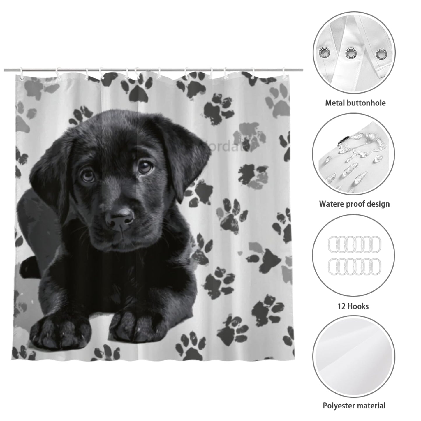Wordatu Shower Curtain Pawprint Black Labrador Dog Animal Paw Black and Gray Waterproof Polyester Fabric 72x72 Inches Set with Hooks