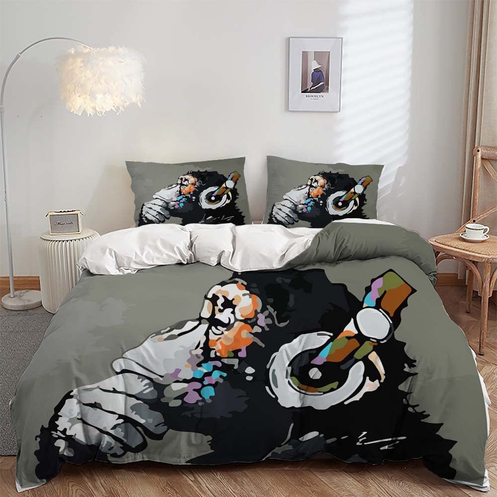 AILONEN Monkey Duvet Cover Set,Monkey Bedding Set Full Size,Cute Monkey Comforter Cover,Cartoon Animal Bedding Set for Kids,1 Quilt Cover 2 Pillowcases 3 Piece