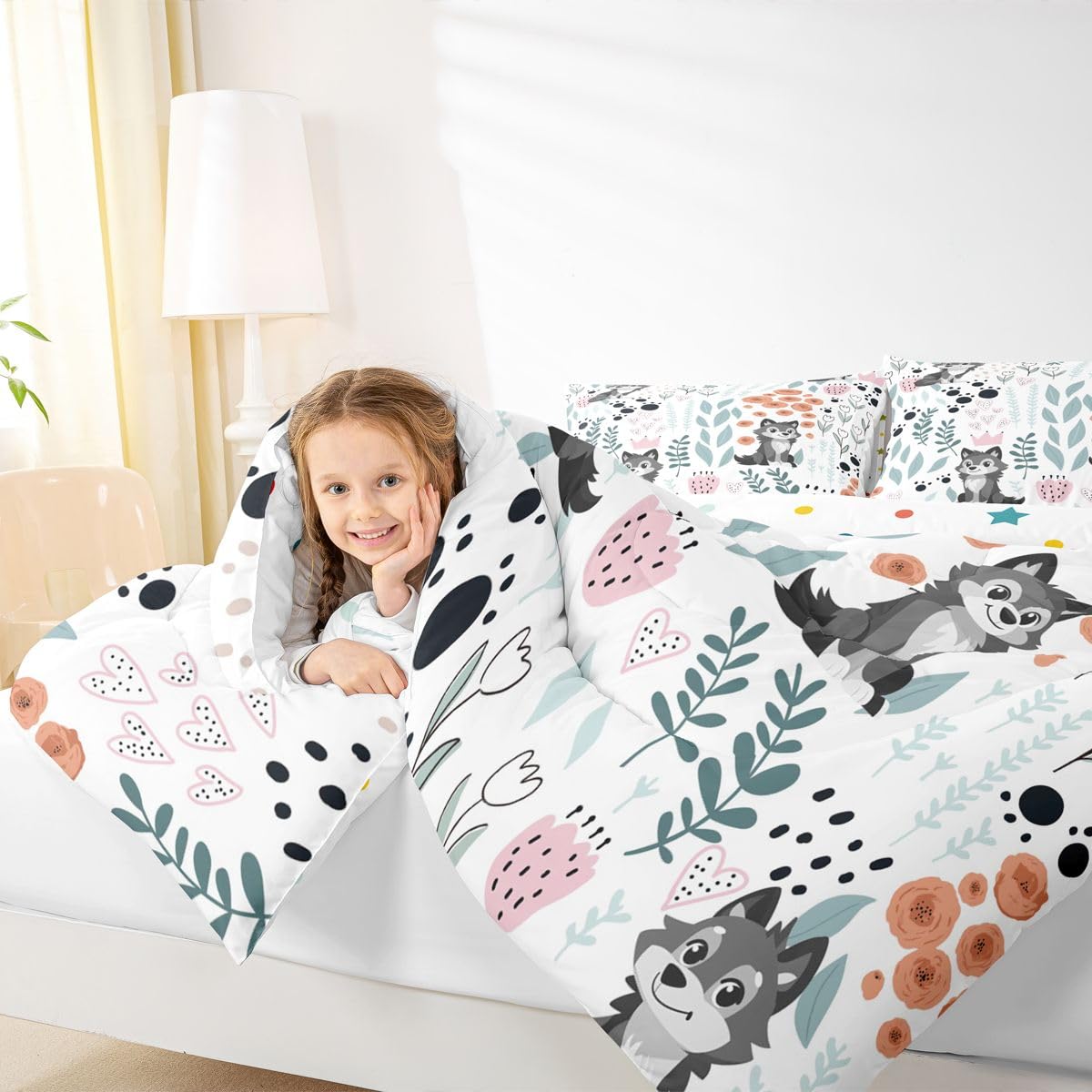 Erosebridal Kawaii Grey Wolf Bedding Set Twin Size,Wildlife Animals Wolf Comforter Set for Kids Girls Boys,Cute Love Heart Leaf Flower Comforter Set,Paw Print Quilt Bed Set with 1 Pillow Case