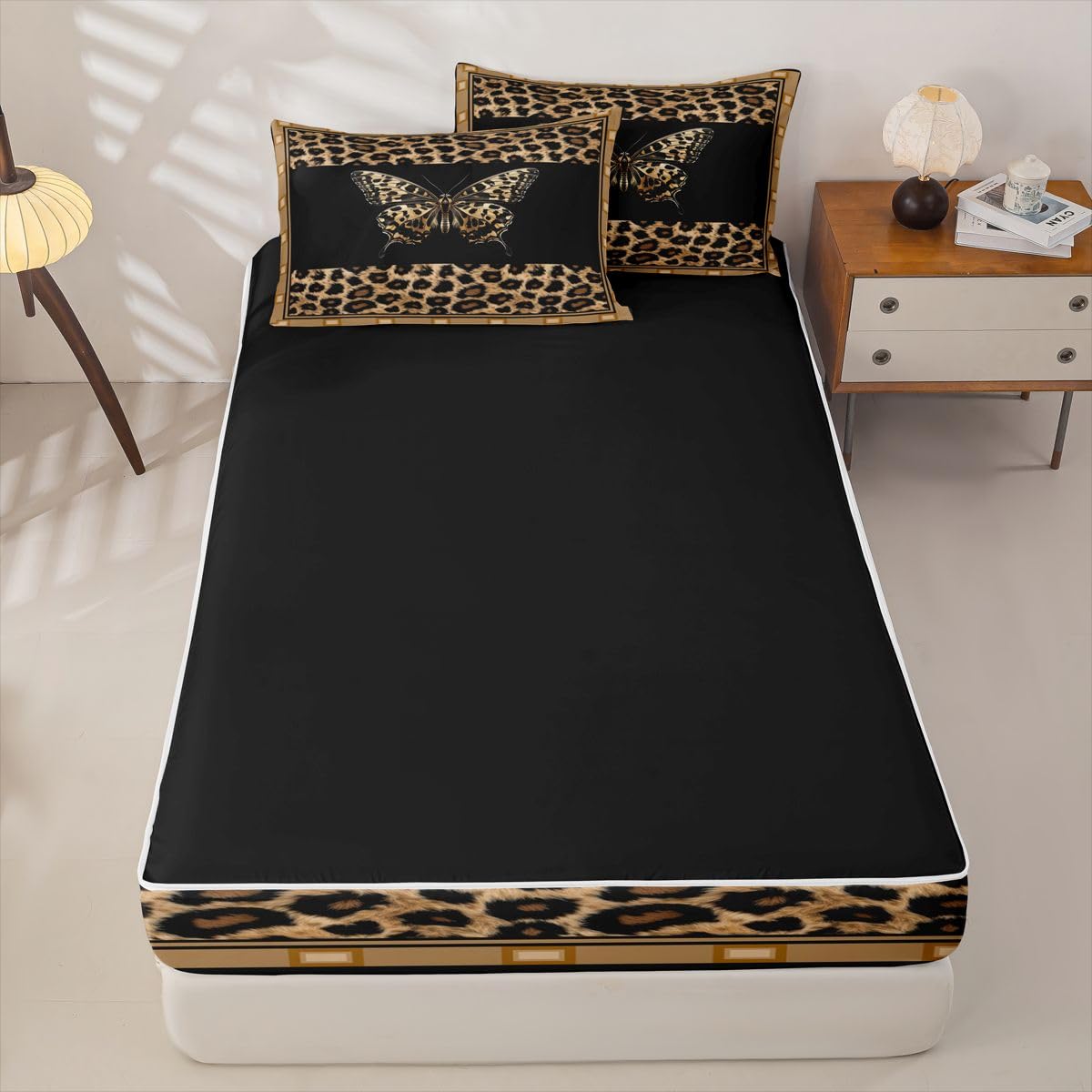 Feelyou Cute Brown Butterfly Zipper Bedding Leopard Print Comforter Set for Kids Boys Girls Queen Size Modern Animal Fur Print Zippered Kids Bedding Set Ultra Soft Cheetah Decor Bed in a Bag