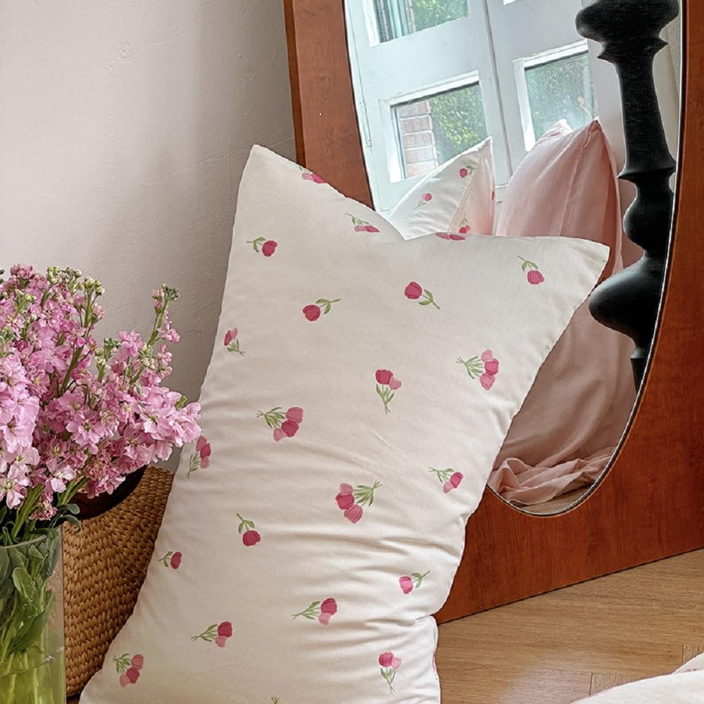 Erwinmu Floral Comforter Set King Size - 3 Pieces Pink White Floral Comforter Bedding Sets Tulips Pattern,King Bed in a Bag with Heart Comforter and 2 Pillowcases