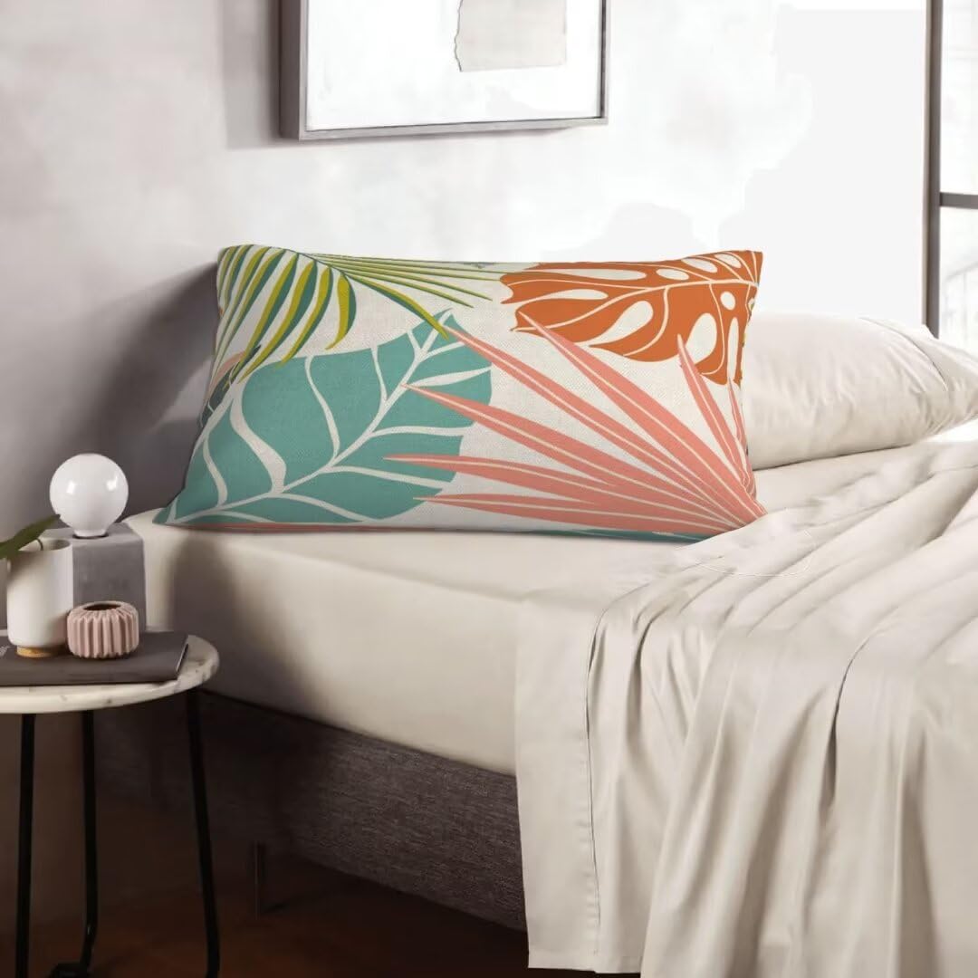 Summer Palm Leaf Pillow Covers 12x20 Set of 2, Coral Tropical Leaf Decorative Outdoor Throw Pillow Covers Green Blue Botanical Farmhouse Cushion Case Linen Square Decor for Home Couch Sofa