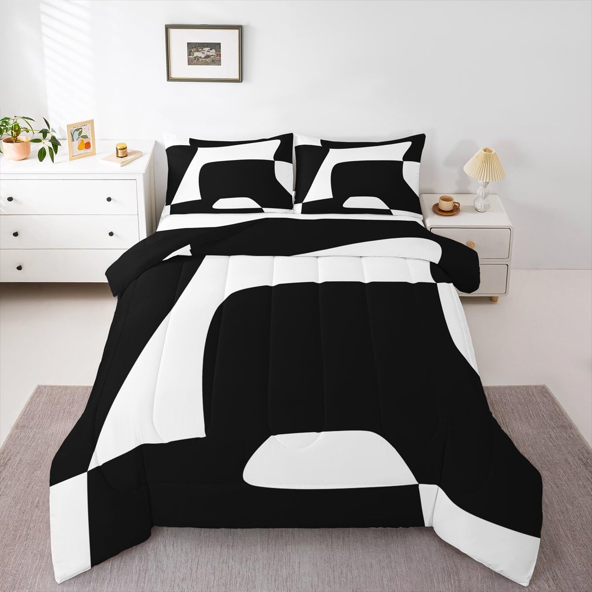 Erosebridal Black and White Abstract Queen Comforter Set for Adult Women Men Boho Geometric Striped Bedding Set Minimalist Modern Art Bed Set Simple Aesthetic Modern Quilt Set