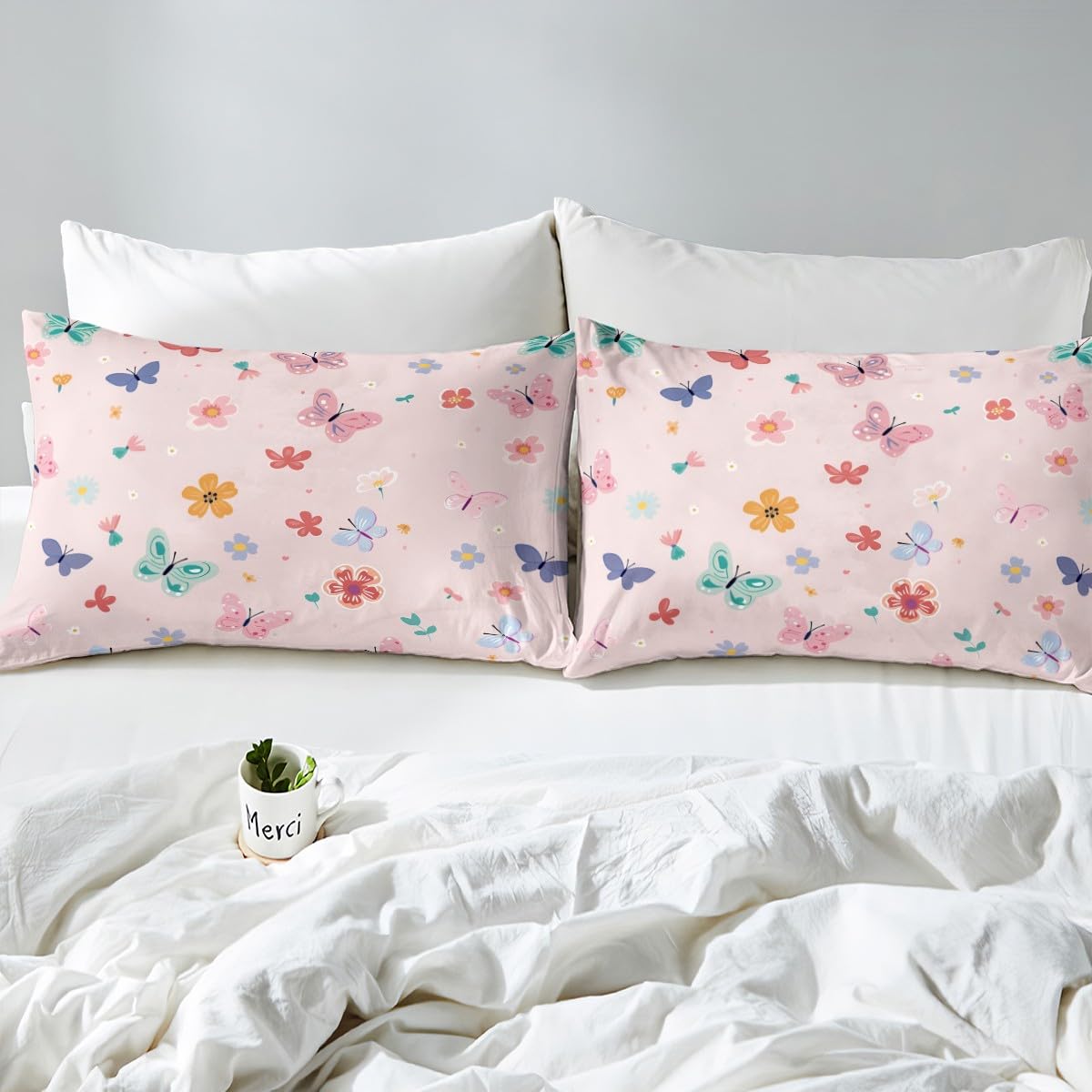 Erosebridal Kawaii Butterfly Twin Bedding Set,Cute Pink Floral Fitted Sheet for Girls Kids,Coquette Flower Garden Bed Set,Pink Girly Princess Bed Sheets 2Pcs Room Decor (No Flat Sheet)