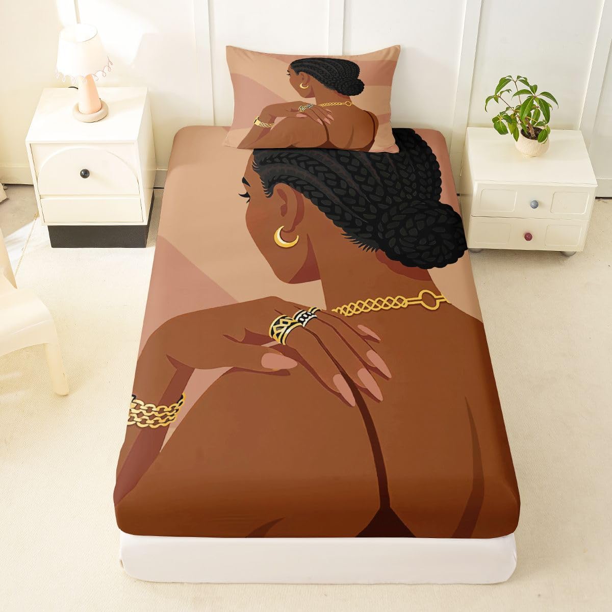 Erosebridal Fashion Black Woman Fitted Sheets Twin Size 3 Piece Romantic Makeup Themed Girls Sheet Set Fashionable Gorgeous Bed Sheets Vogue Afro Girls Top Sheet for Kids Teens Adult Bedroom