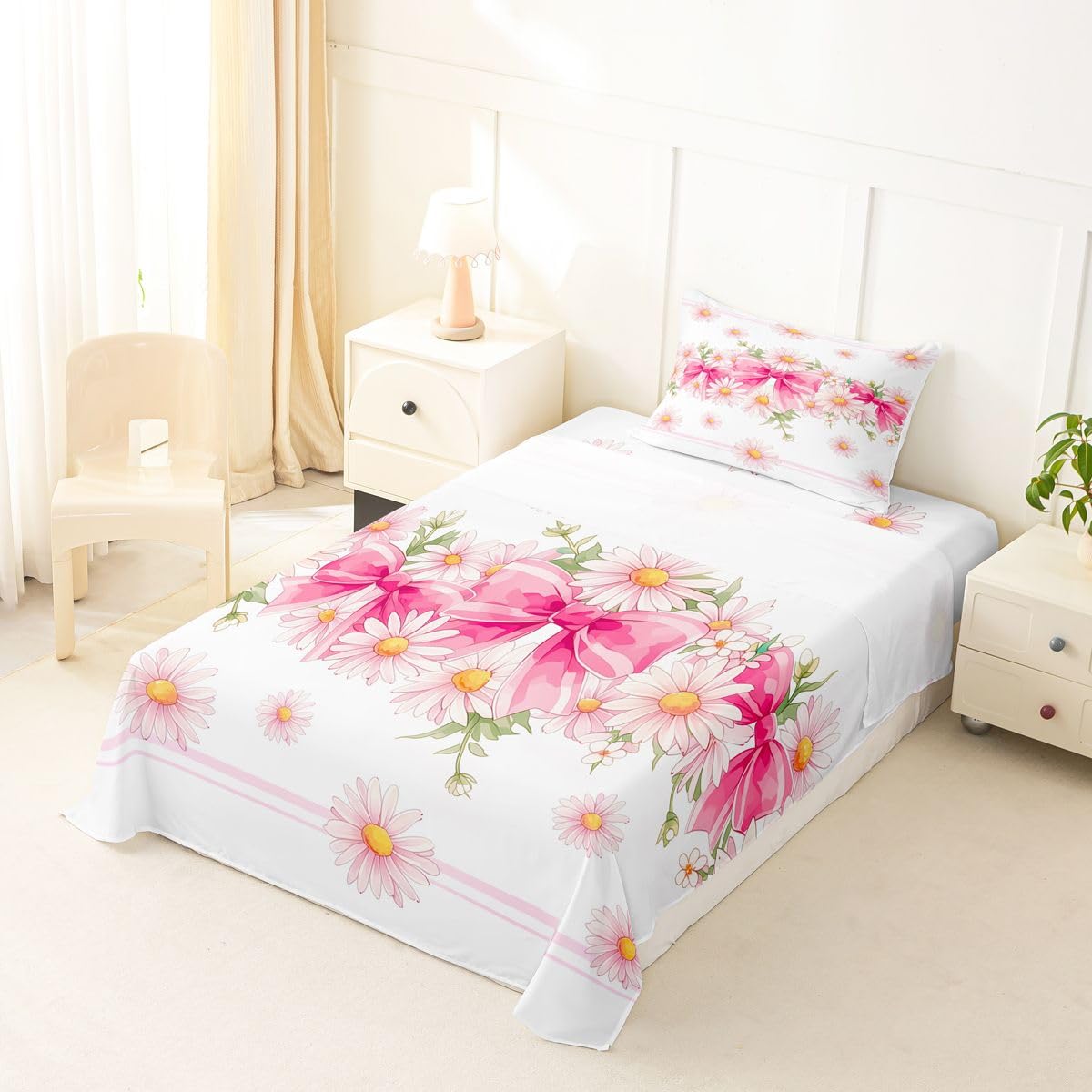 Erosebridal Gradient Pink Daisy Sheet Set Watercolor Ribbon Bows Flowers Twin Sheets Set for Tween Boys Girls,Kawaii Cute Bowknot Flower Cartoon Bow Tie Floral Boho Fitted Sheet