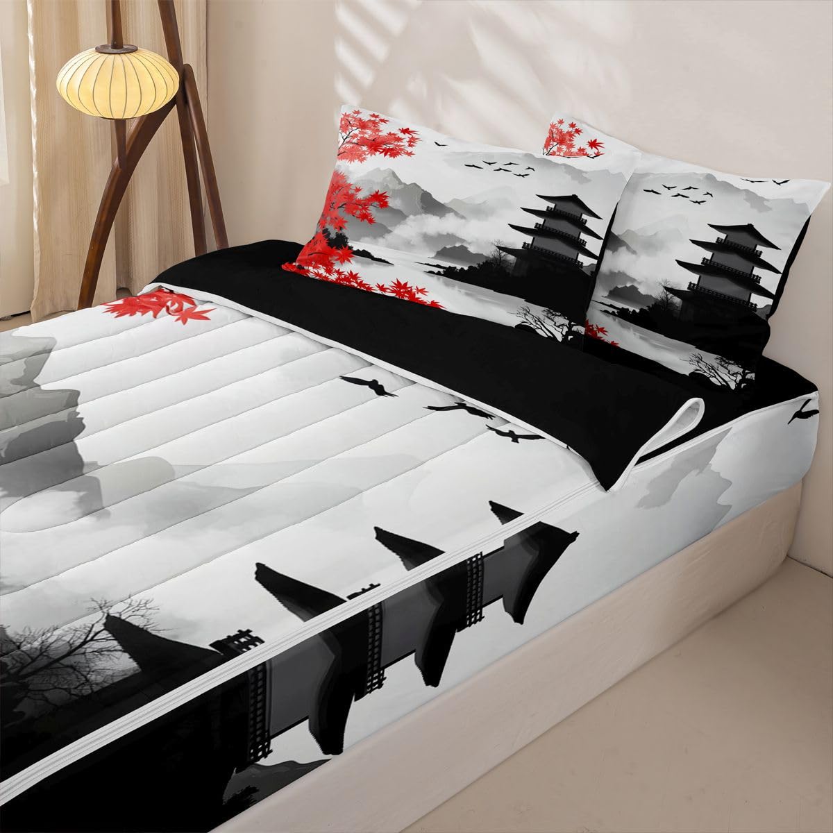Erosebridal Japanese Ink Painting Kids Comforter Set with Zipper, Traditional Japanese Twin Size Zipper Bedding Set, Red Maple Trees Bed-in-A-Bag