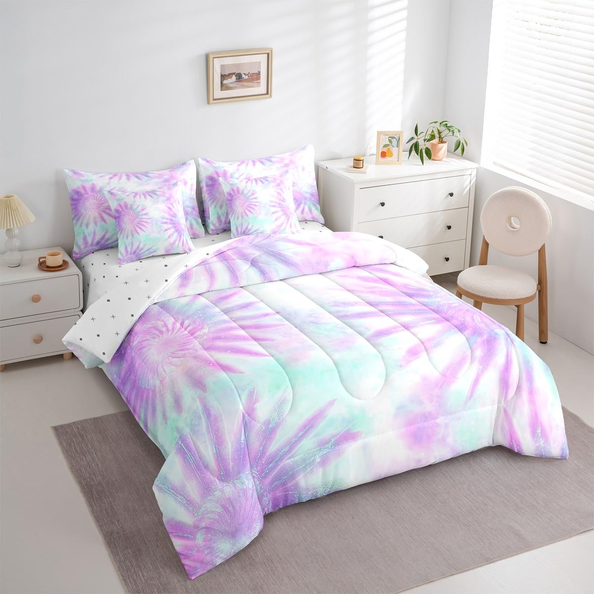 Erosebridal Tie Dye Queen Comforter Set, Purple 7-Piece Bed in A Bag, Setspiral Swirl Vortex Sheets and Pillowcases, Gypsy Girly Style Bed Sets