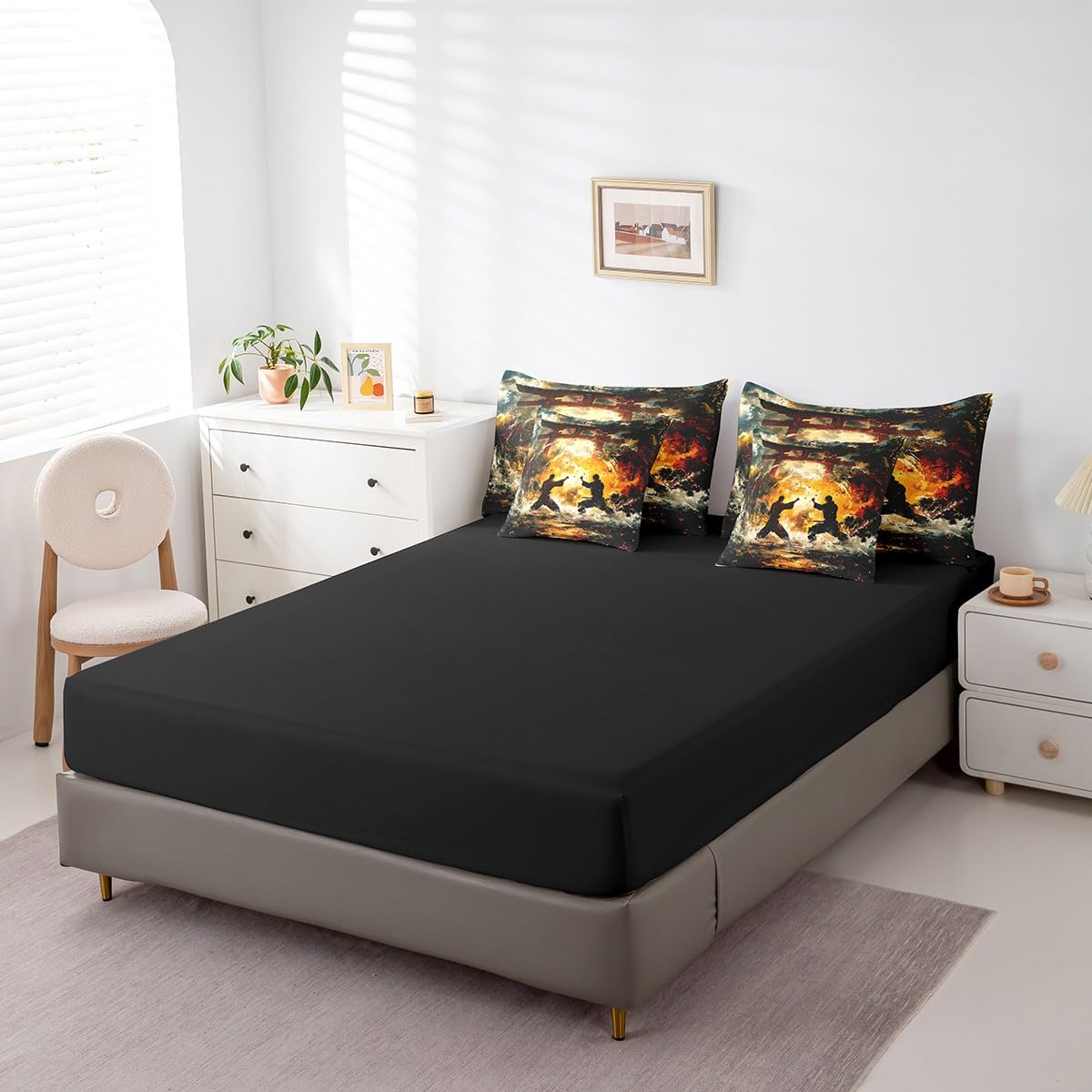Feelyou Kids Taekwondo 7 Pieces Bedding Set Queen Size, Japanese Style Comforter Set with Sheets Samurai Bed in A Bag Boys Girls Kungfu Teens Bed Set Bedroom Decor 7Pcs