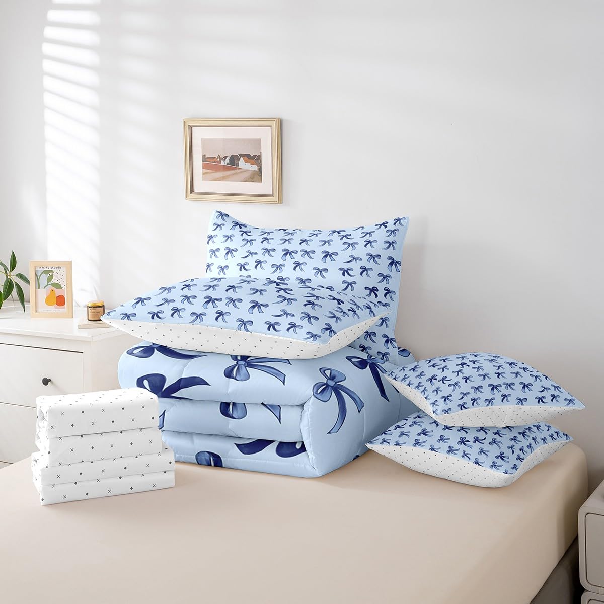 Erosebridal Blue Bow 7-Piece Bedding Set Twin Size Teen Girl Coquette Bow Comforter Set with Sheets Modern Trendy Cute Bowknot Bed in A Bag for Preppy Princess Fashion Bowknot Quilt Duvet Bed Sets