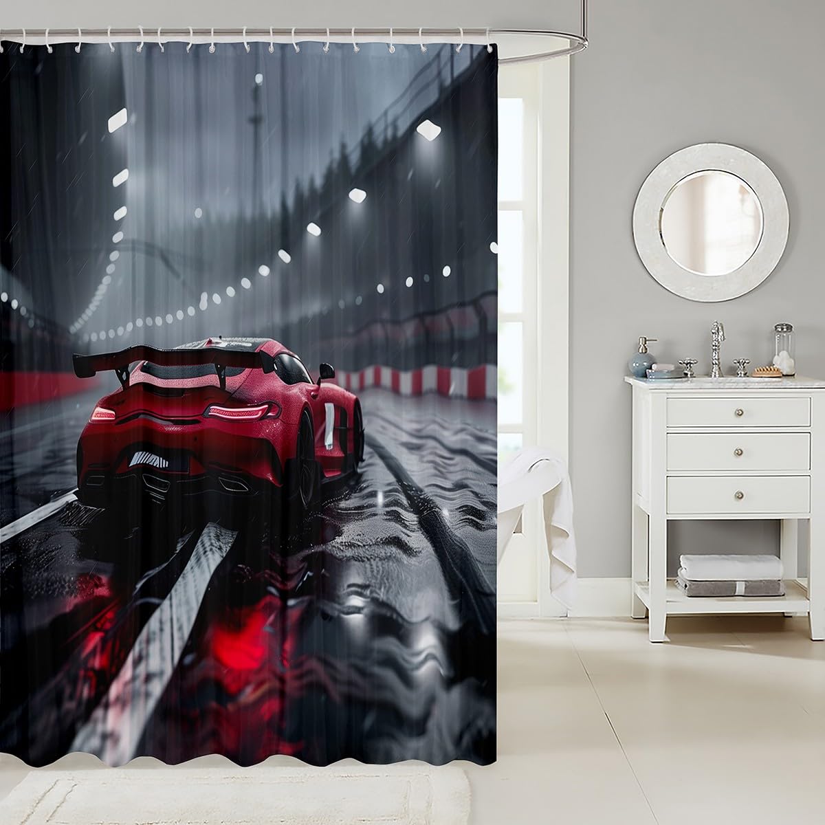 Feelyou Race Car Shower Curtain 72"x78" Speed Sports Car Bath Curtain Waterproof Extreme Sports Bathroom Shower Curtain Set for Kids Boys Girls Cool Modern Kids Bathroom Accessories