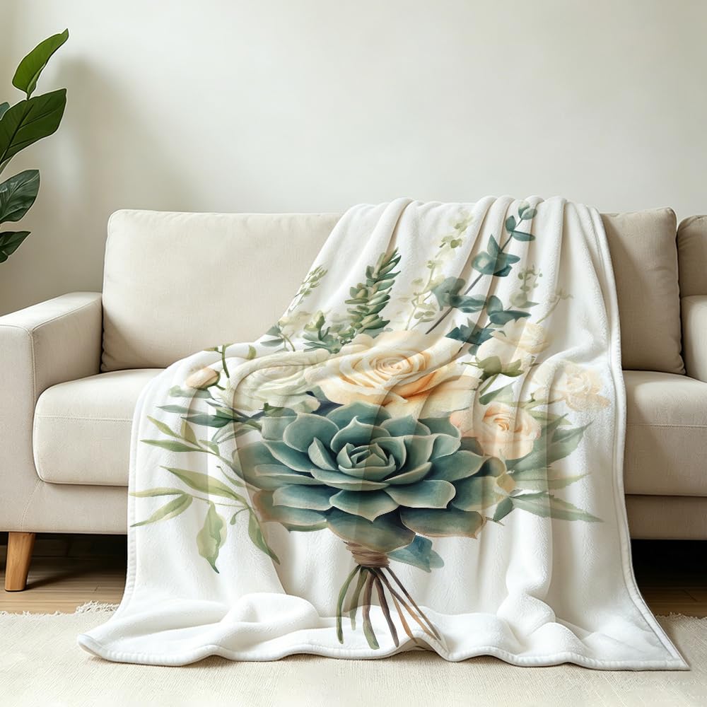 HUNXIAOJ Botanical Throw Blanket Green Leaves Blanket Plant and Floral Decor Botanical Bedding Warm Soft Flannel for Bed Sofa Couch (49in x 59in)