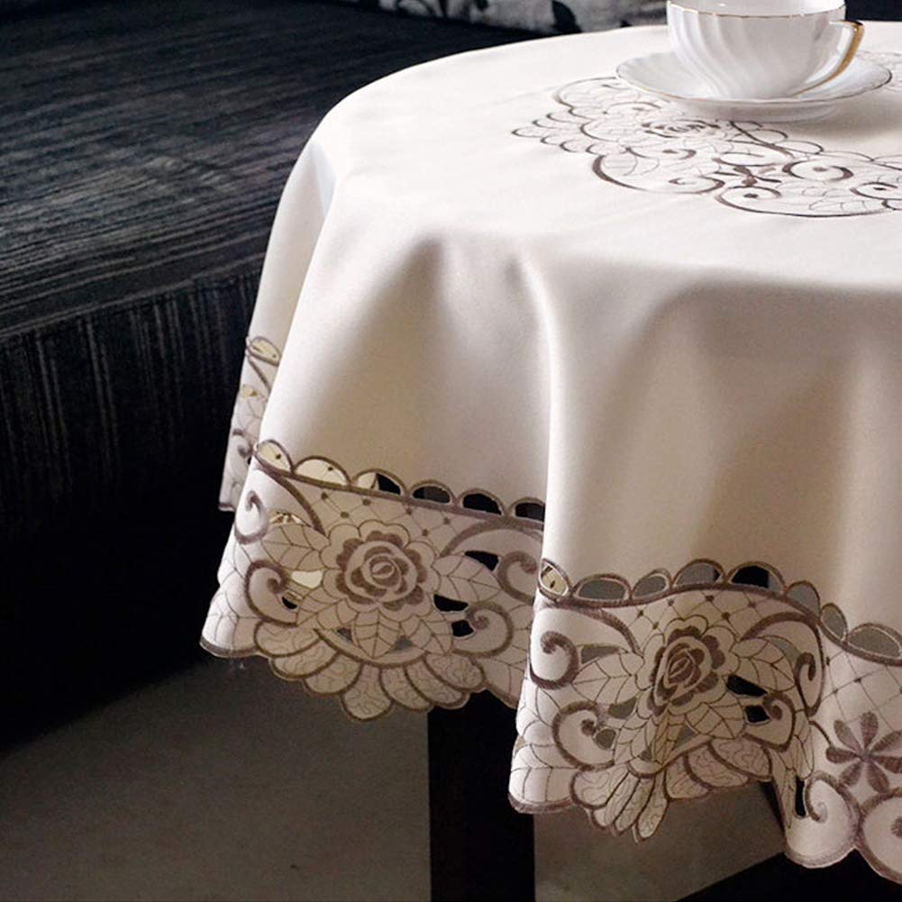 AMZALI Round Table Cloth Flower Embroidered Lace Tablecloth Wrinkle Free & Stain Resistant Fabric Tablecloths Table Cover for Kitchen Dinner (Round 60 inch)
