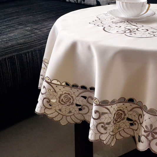 AMZALI Round Table Cloth Flower Embroidered Lace Tablecloth Wrinkle Free & Stain Resistant Fabric Tablecloths Table Cover for Kitchen Dinner (Round 60 inch)