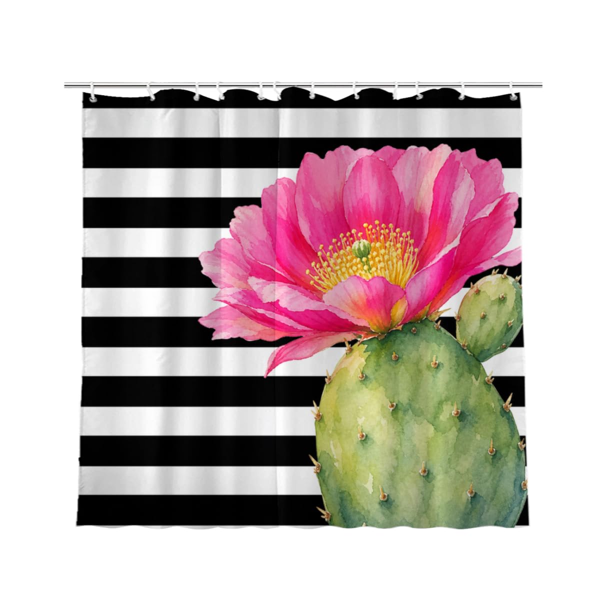 TopPacific Cactus Flower Stripe Shower Curtain 72x72 Inch Shower Curtain with 12 Hooks Polyester Cactus Pink Flower Black White Stripes Bathroom Decor