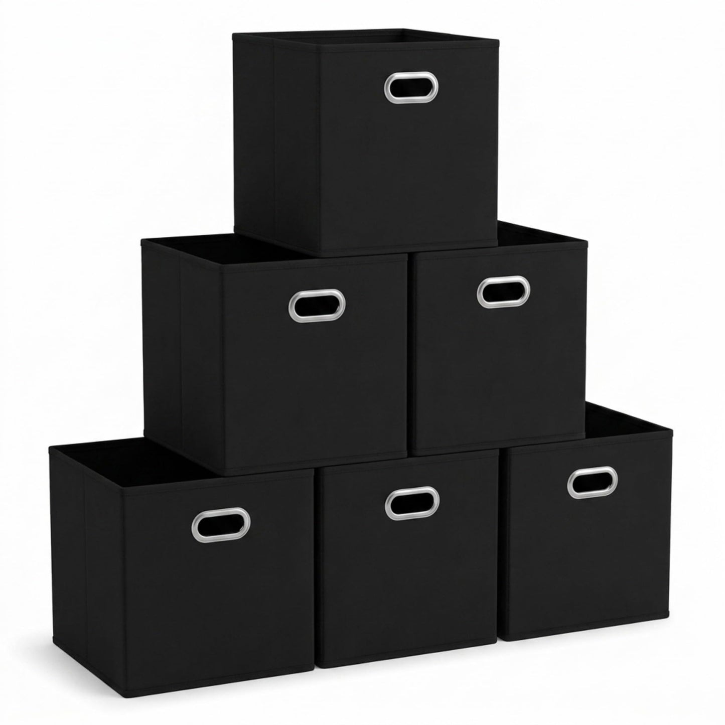 Household Essentials Foldable Fabric Storage Bins 6 Piece Set, Strong Poly-Woven Fabric, Sturdy Chipboard Sides, Grommet Front Handle, Stackable, Classic Design, Black