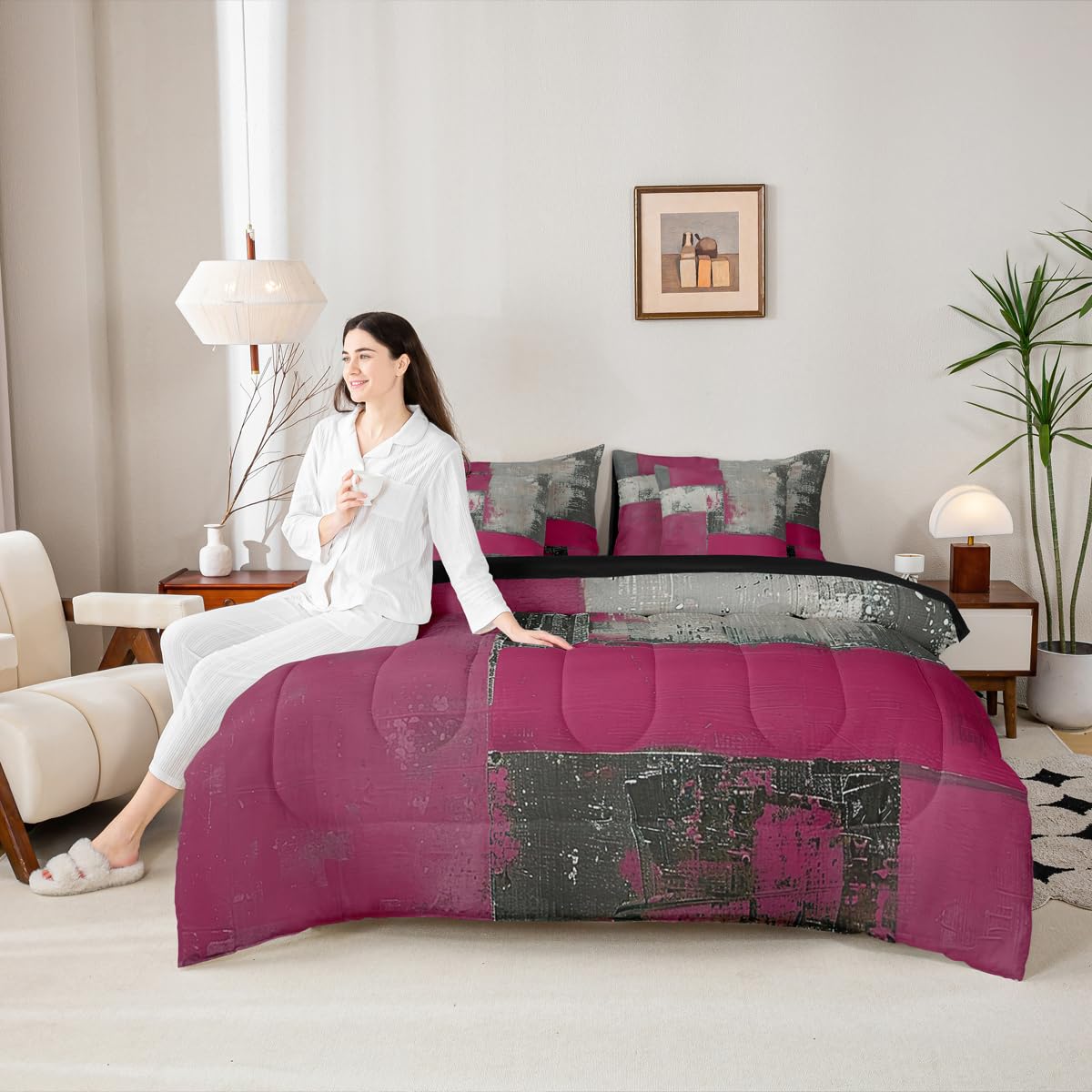 Feelyou Abstract Comforter Set with Sheets 7 Piece King Size Modern Abstract Art Bedding Set for Kids Boys Girls Luxury Bed in a Bag Geometric Room Decor Gray Rose Soft Lightweight Microfiber