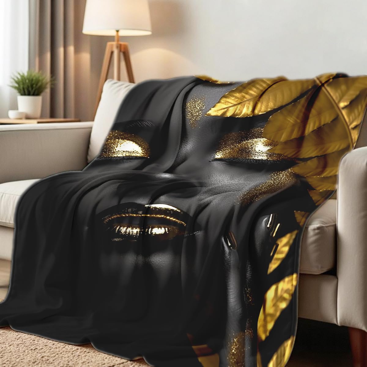 HUNXIAOJ African American Woman Blanket Throw Black Gold Print Flannel Blanket Gifts for Girls Female Women African American Couch Bed Living Room Home Decor 49"x59"