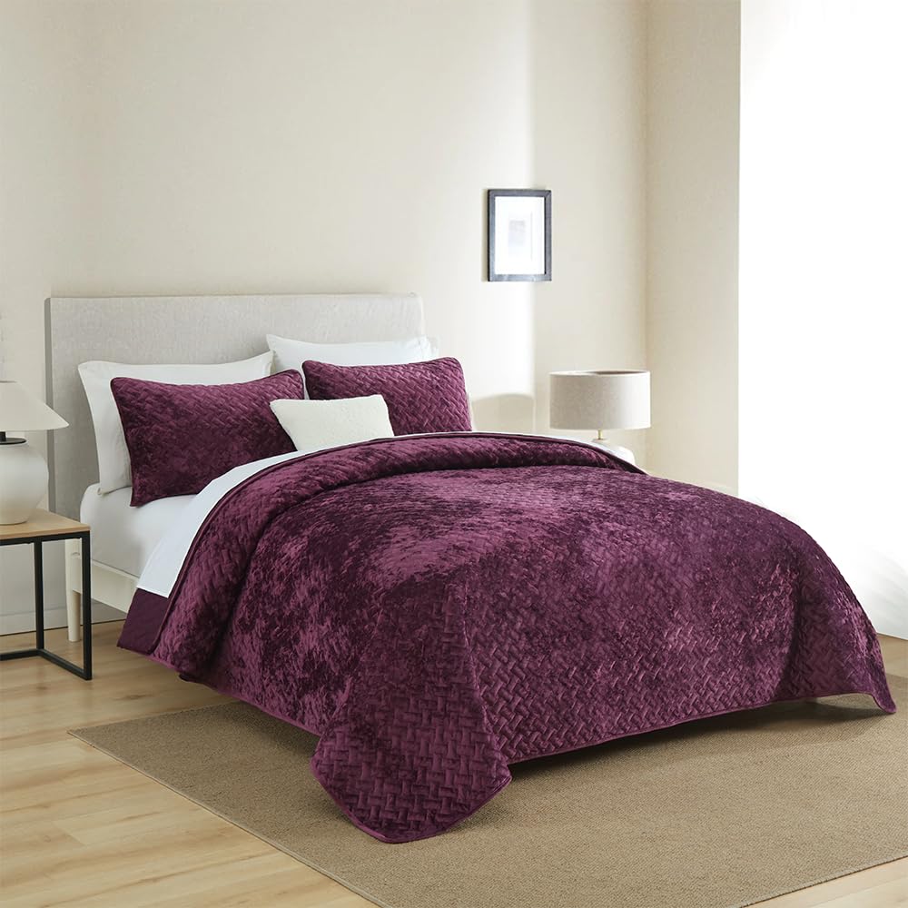Liians Velvet Bedspread Quilt Bedding Sets,Luxury Elegant Ultra Soft Velvet Comforters Coverlet Blankets,Weave Stitching Pattern Cotton Quilted Bedspread for All Seasons，Purple,King Size