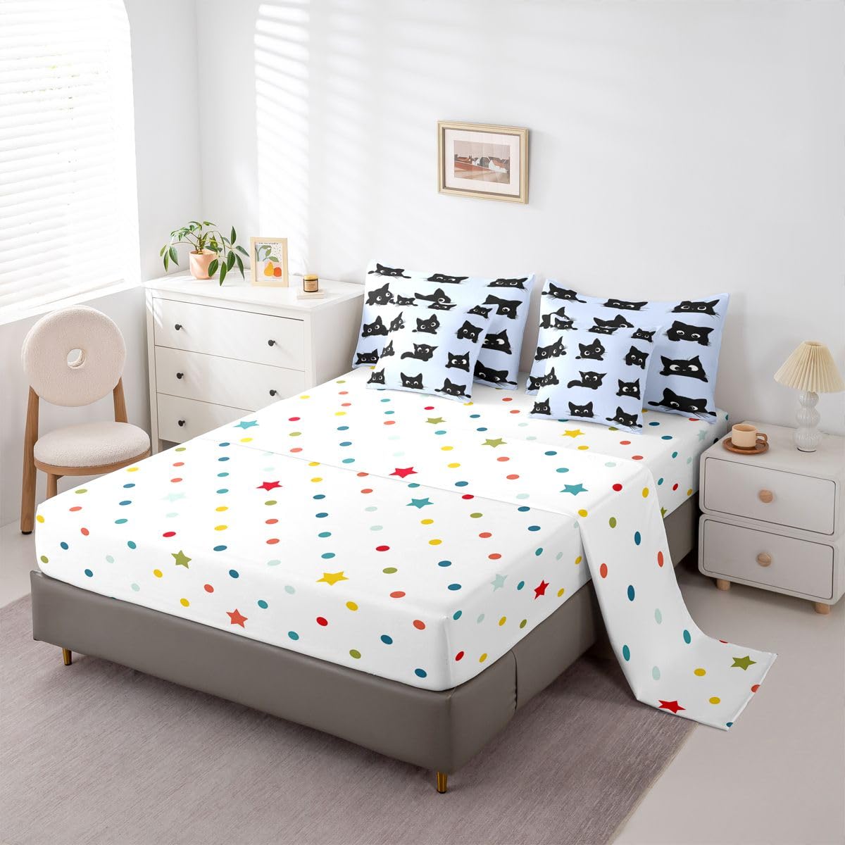 Erosebridal Cute Cat 7-Piece Bedding Set Full Size for Kids Boys Girls (Black and Blue) - Funny Black Cats Bed in a Bag Cartoon Kitten Animal Comforter Set with Sheets Cute Cat Duvet Insert