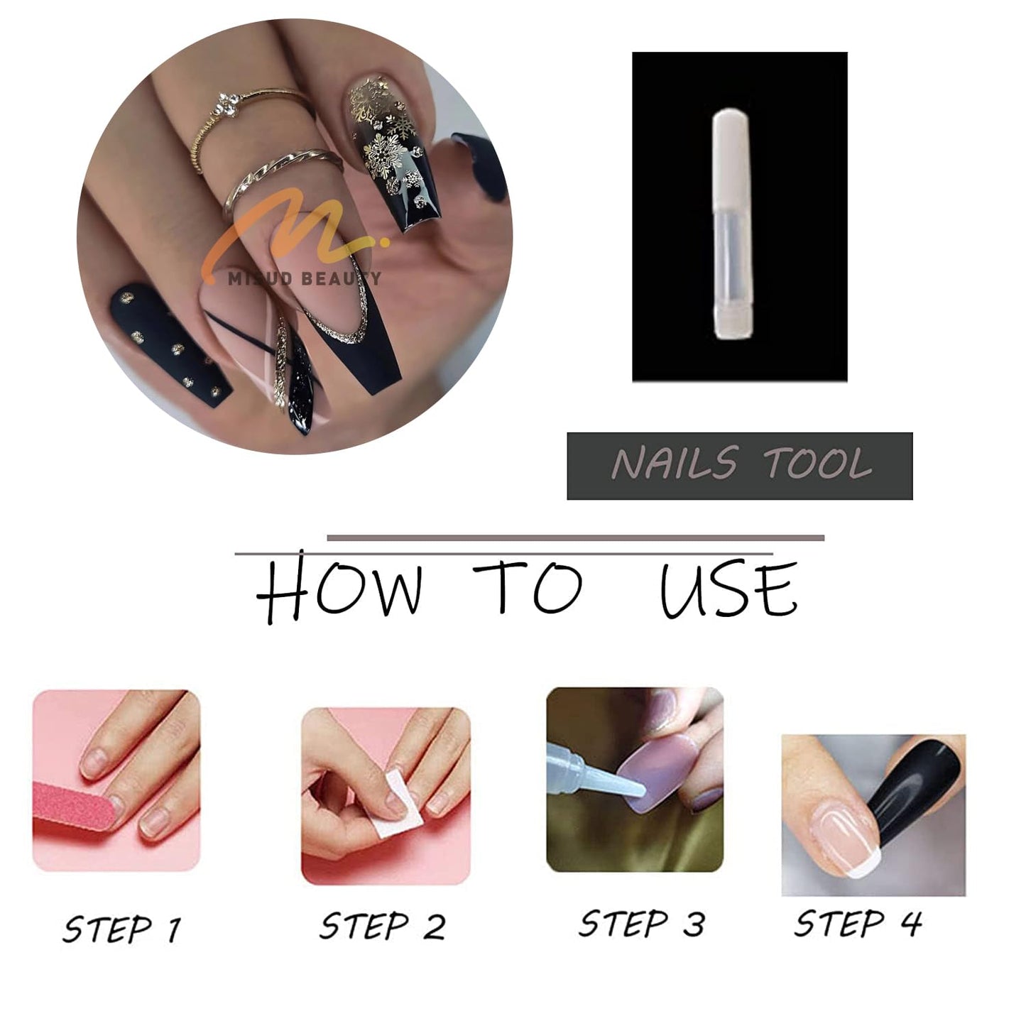 MISUD Press on Nails - Long Coffin Fake Nails with Black Gold, Acrylic Snowflake Glitter Design 24 pcs