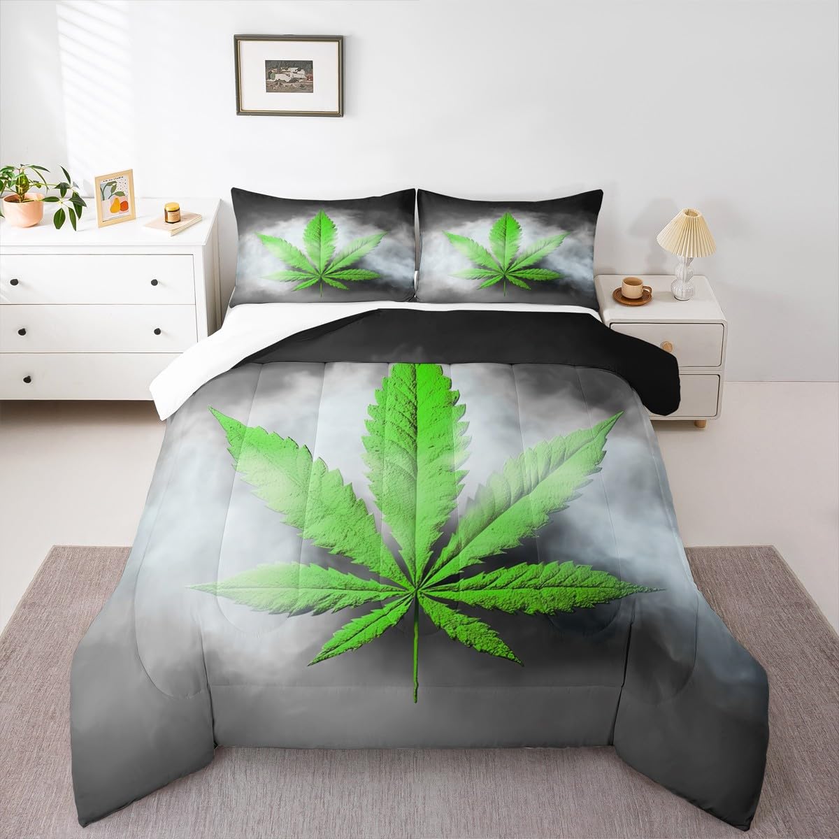 Erosebridal Leaves Comforter King Size, Leaf Bedding Set, Herb Botanical Grunge Duvet Set for Kid Teens Boys Teens, Grey Green