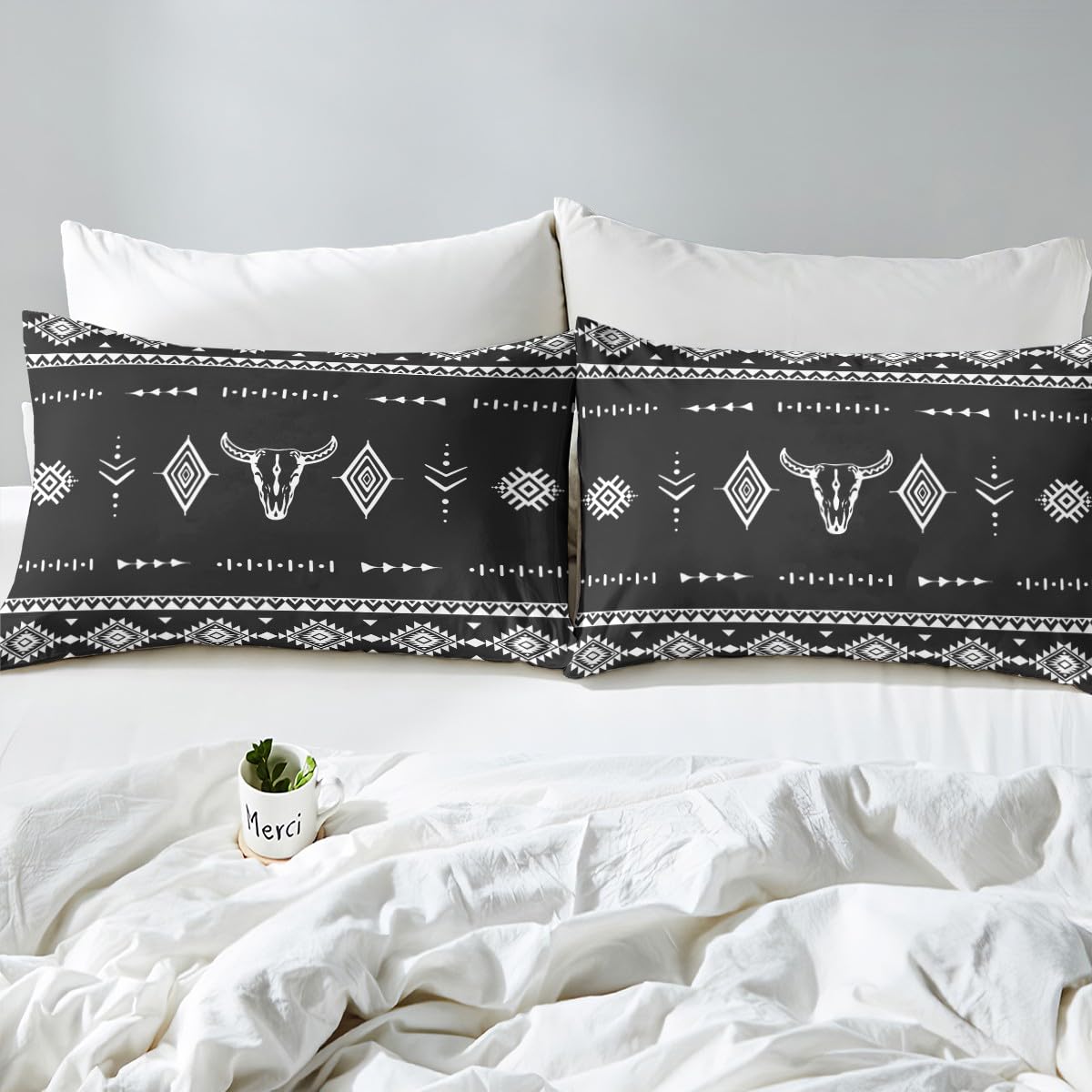Erosebridal Western Cowboy Bed Sheets Set Full Size, Bull Skull Flat Fitted Sheet for Boys Girls Women Men Room, Boho Aztec Ethnic Horns Bedding Set, Southwestern Native Bed Sets
