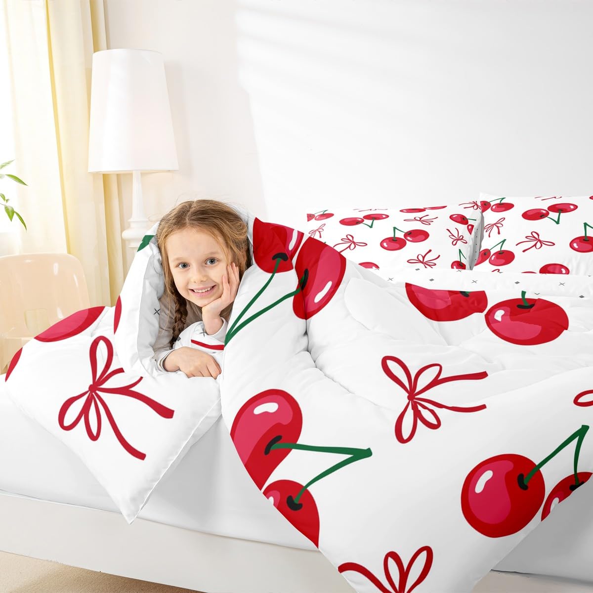 Manfei Cherry Bowknot Kids Comforter Set Twin Size,Geometric Patchwork Bow Tie Bedding Set,Girls Princess Room Decor,Tropical Fruit Butterfly Knot Down Comforter,Red Chic Duvet Insert,1 Pillowcase
