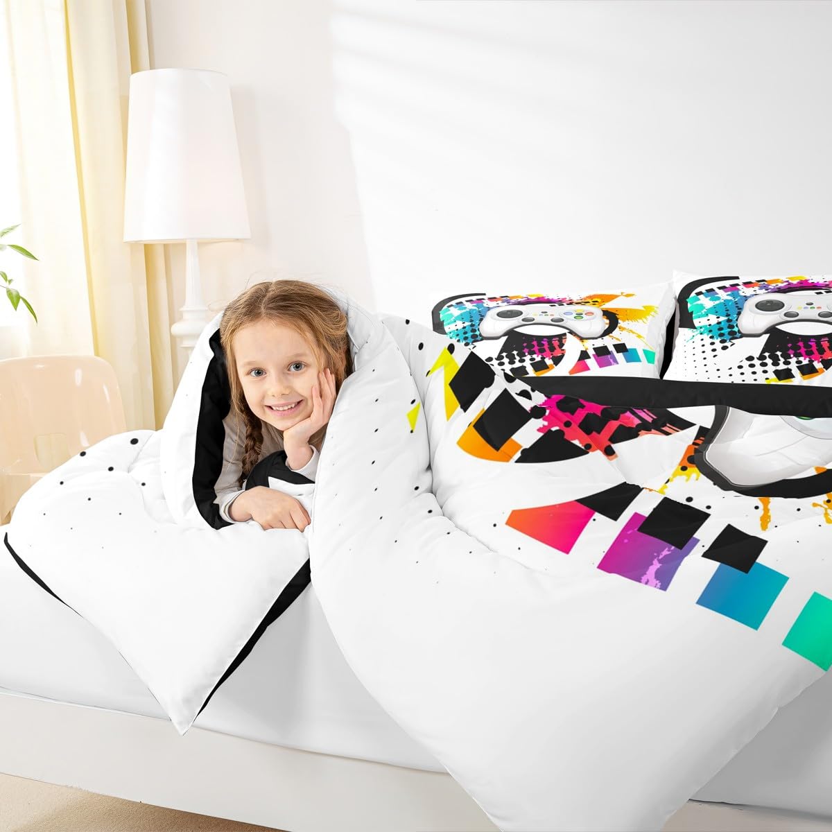 Kids Gaming Comforter Set Queen Gamer Bedding Set, Modern Console Game Controller Duvet Set For Boys Girls Teens, White Gamepad Quilt Set, Tie Dye Colorful Comforter Set Grey White Soft Bedding Set