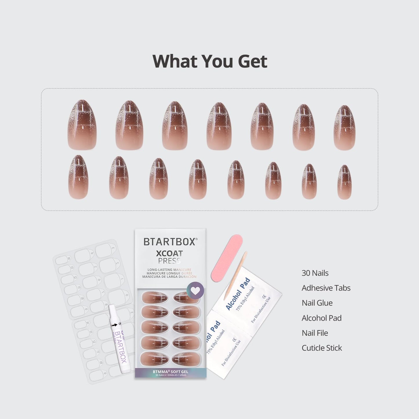BTArtbox Press On Nails Medium - Plaid Memory, Cat Eye Almond Press On Nails with Glue and Adhesive Tabs for Women, Soft Gel Glue On Nails in 15 Sizes - 30 Stick On Nails Kit