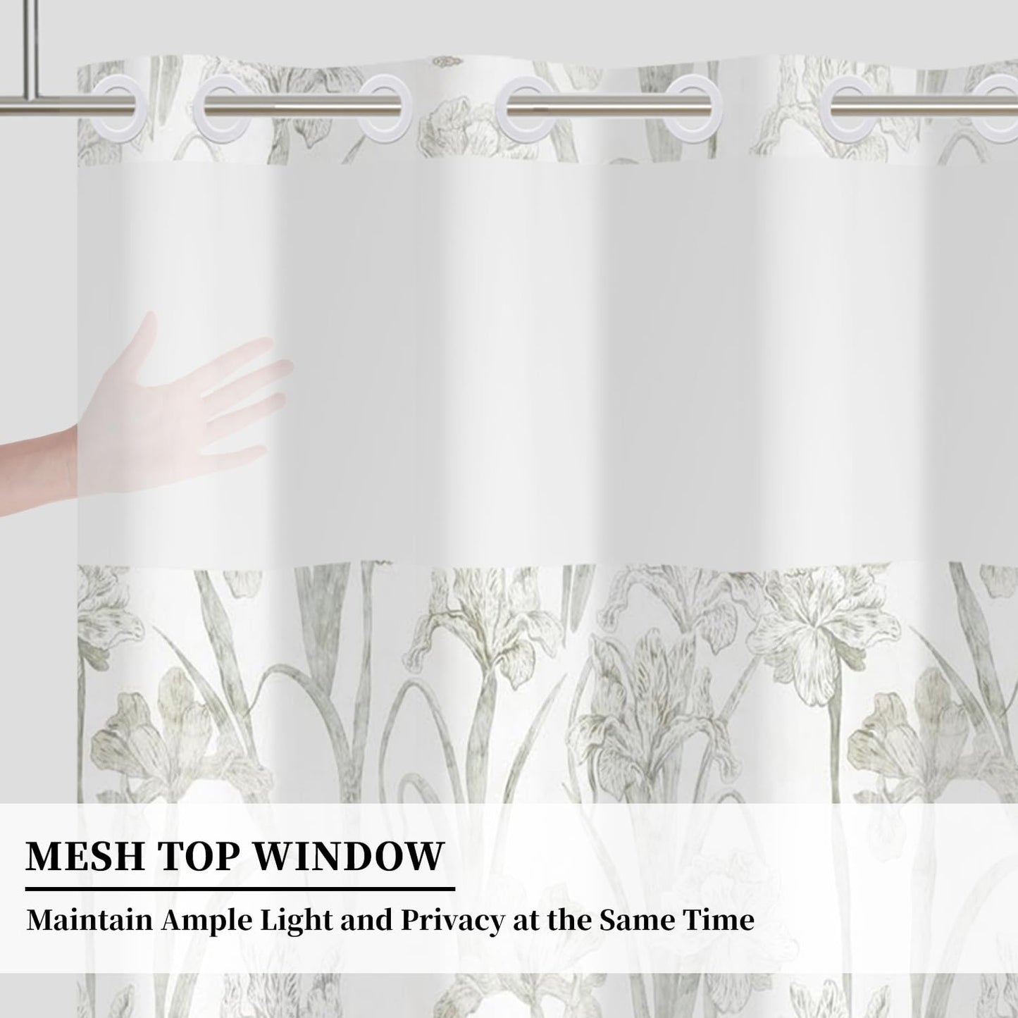 NAEMBCU No Hook Floral Shower Curtain with Snap in Fabric Liner, Botanical Shower Curtains for Farmhouse Bathroom, Mesh Top Window and Waterproof Washable, 71x74 Inch