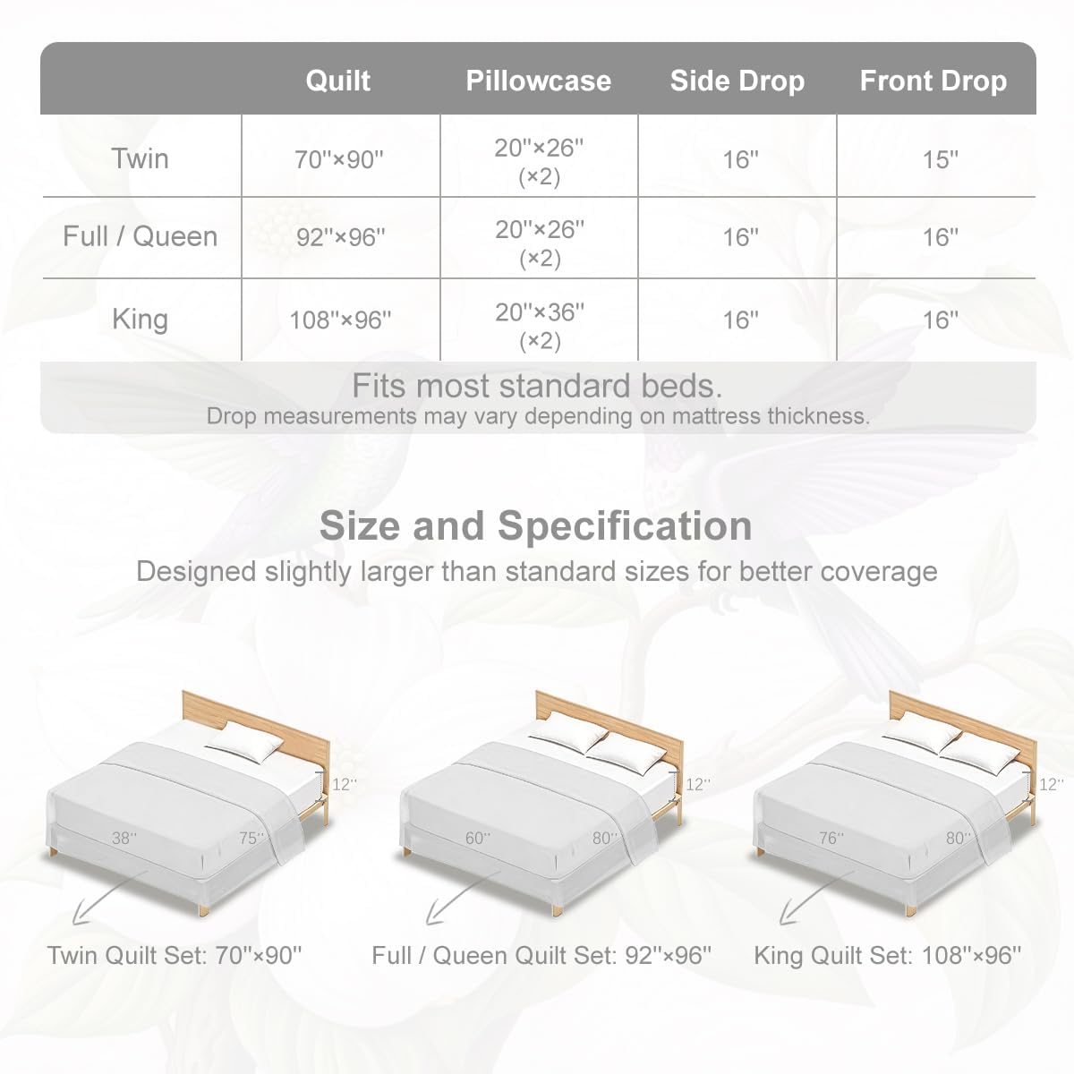 ARIGHTEX Flower Bird Quilt Set Queen Size Magnolia Couple Hummingbird Floral Bedding Set Lightweight Botanical Quilt Soft Microfiber Bedspread Romantic Coverlet Set with Shams