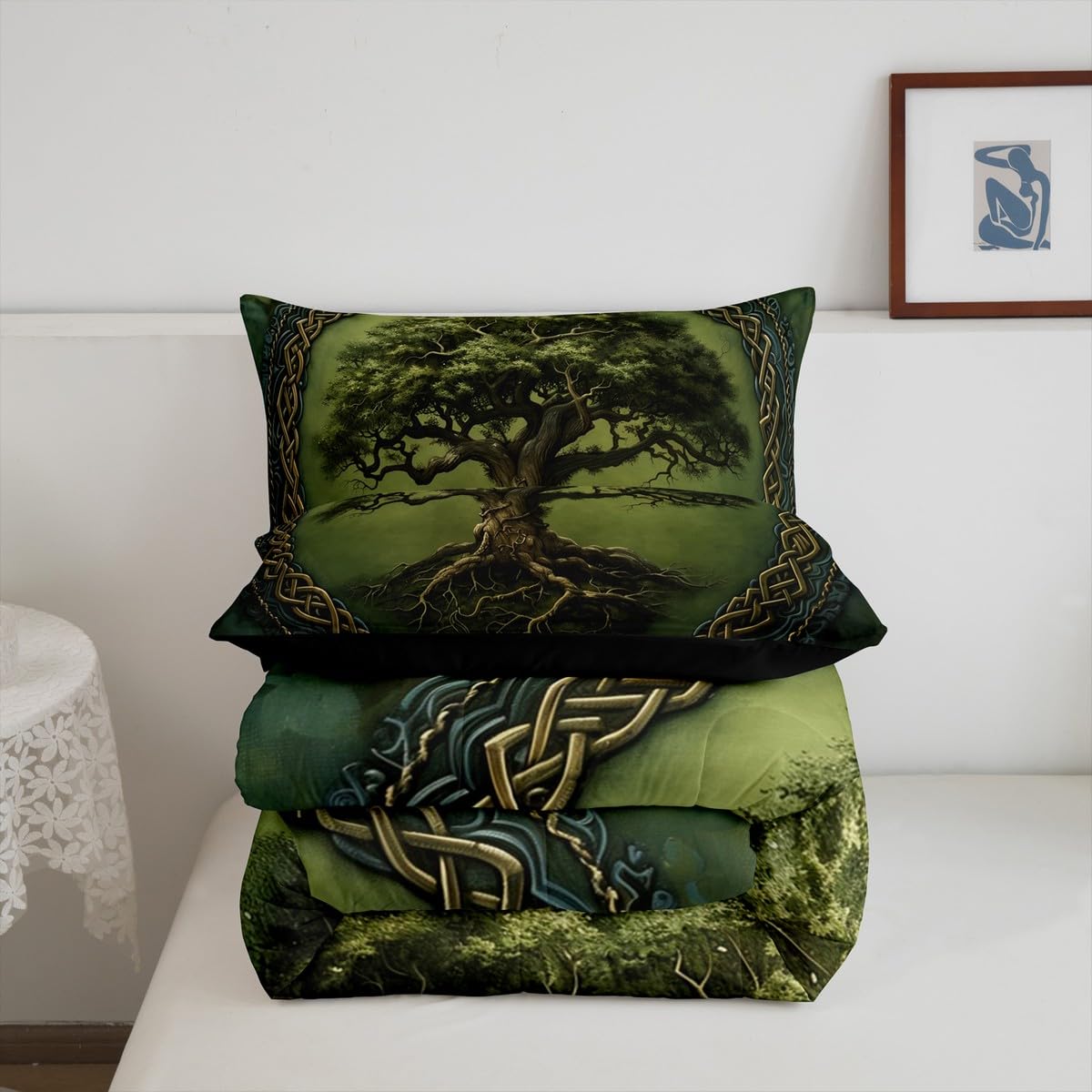 Tree of Life Teens Comforter Set,Boho Tribal Tree Branches Mystic Green Bedding Set All Season,Exotic Style Geometric Circle Mandala Comforter 3 Pcs with 2 Pillowcases,Queen Size