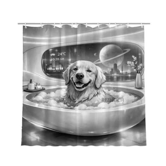 REZHOCH Black and White Fun Golden Retriever Dog Shower Curtain 72x72Inch,Futuristic Design Modern Minimalist Home Bathroom Decor,Cute Animal Bathtub Bubble Waterproof Bath Set with Hooks