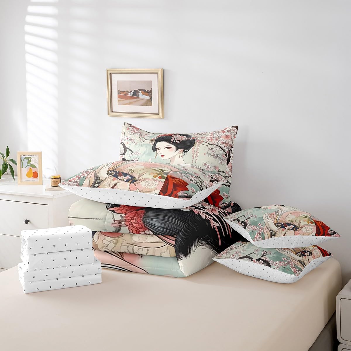 Feelyou Japanese Geisha Girl Comforter Set Twin Size 7 Pieces Cherry Blossoms Bedding Set Japanese Style Japanese Tradition Aesthetic Bed in a Bag with Comforter, Sheets, Pillowcases & Cushion Cover