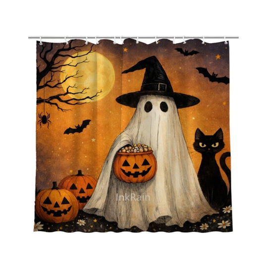 InkRain Halloween Shower Curtain 70x84 Inch with 12 Hooks, Cute Spooky Ghost Pumpkin Design, Vintage Halloween Bathroom Decor, Waterproof Fabric Bath Curtain