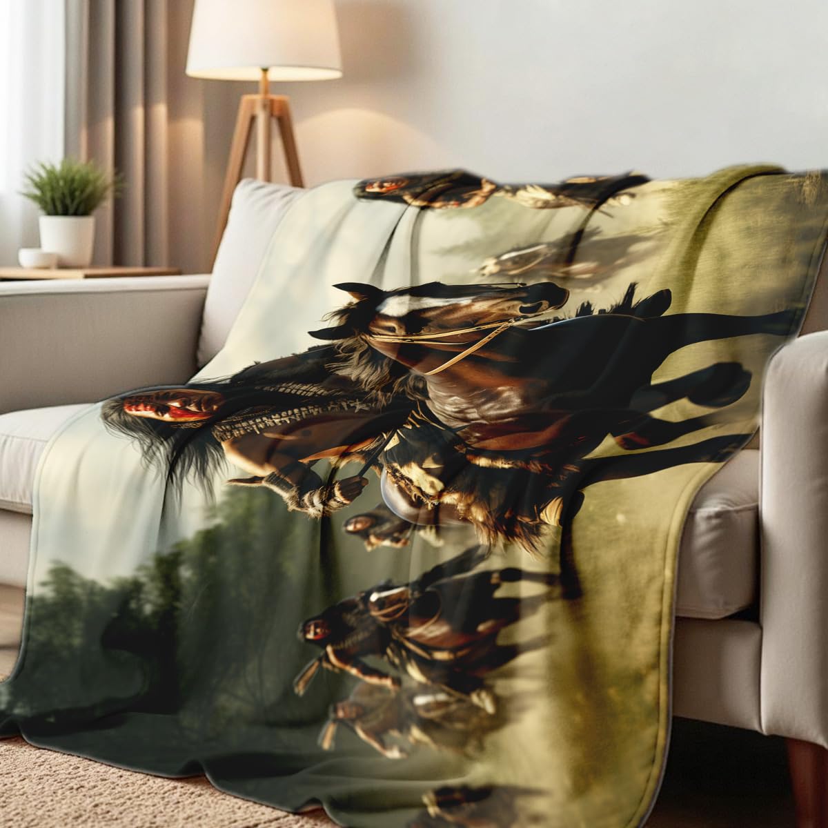HUNXIAOJ Native American Blankets for Men Indian Print Blankets and Throws for Couch Bed Room Home Western Decor Flannel Throws Queen Size Native American Indian Gifts (49"x59")