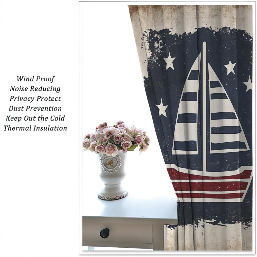 YFBBINS Retro Sailboat Pattern Blackout Curtains Thermal Insulated for Bedroom Living Room, Geometric Vintage Sailing Ship Rod Pocket Curtain Light Blocking Drapes, 2 Panels, Each 21 W x 45 L inch
