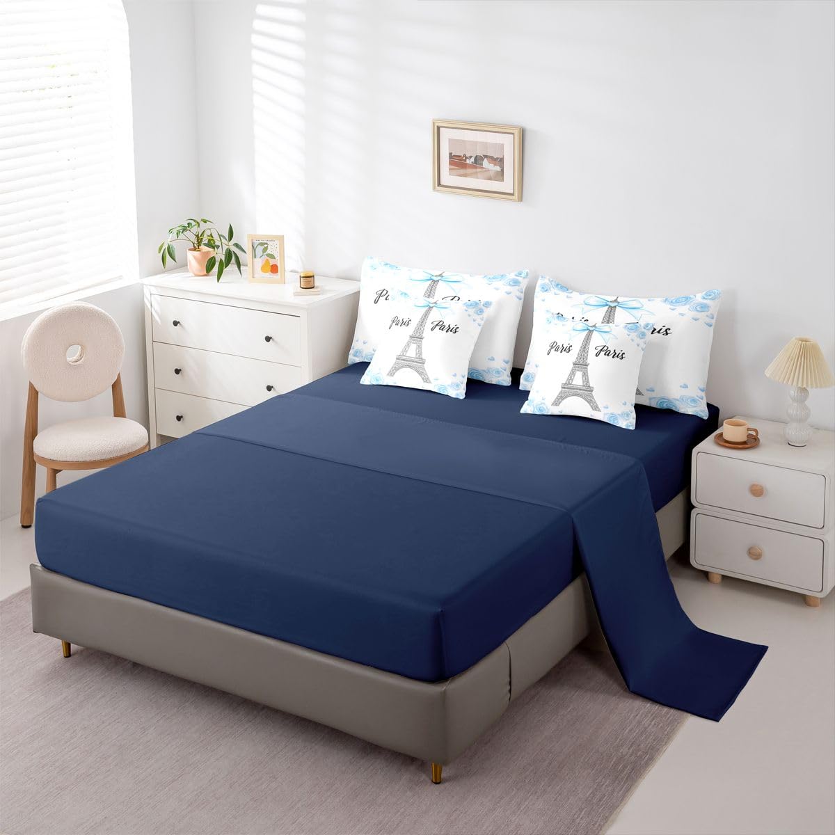 Erosebridal Blue Bow Tie Twin Bedding Sets for Girls Eiffel Tower 7 Piece Comforter Set with Sheets Rose Romantic Paris France Bed in A Bag Princess Bowknot Bed Set