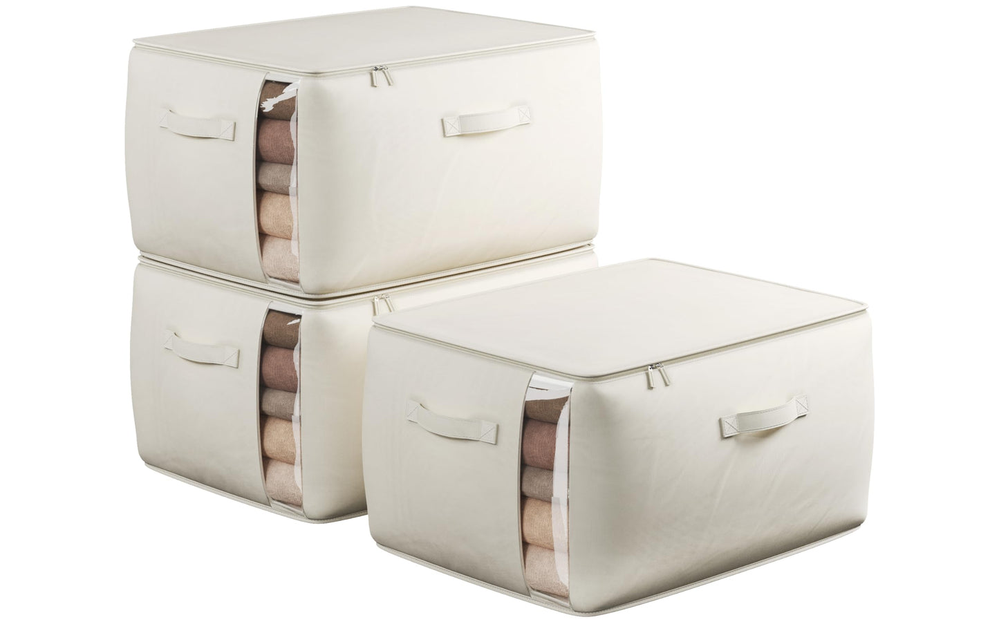 TomVista Large Canvas Clothes Storage Bags with Thick Handles and Clear Window, Foldable Cotton Linen Closet Organizer for Clothing, Blankets and Bedding, 70L, 3 Pack, Beige