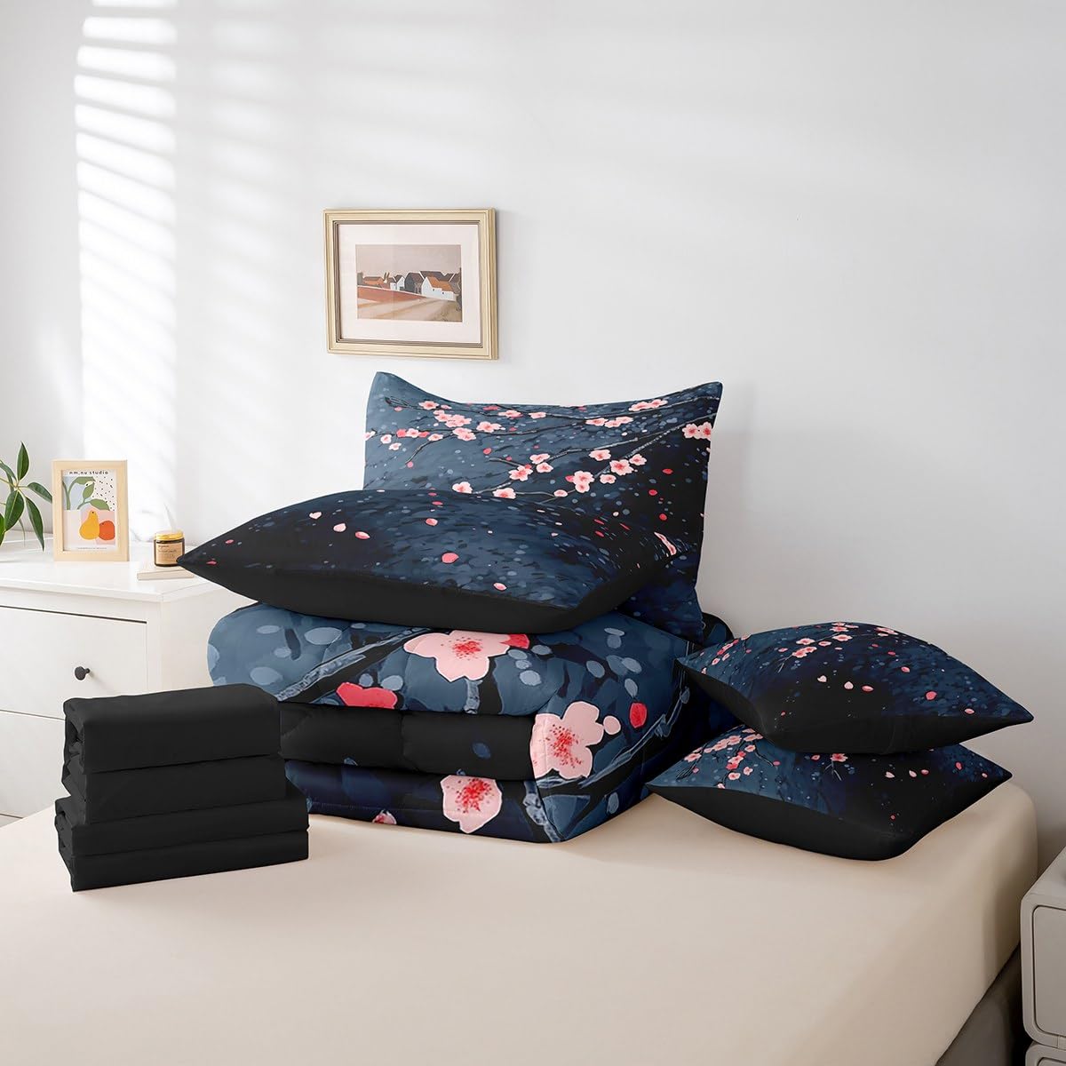 Erosebridal Japanese Cherry Sakura 7 Piece Comforter Set Queen Bed in a Bag,Pink Blossom Bedding Set for Kids Teens Boys Girls,Floral Branches Quilt Duvet,Dark Blue Reversible Sheet Set