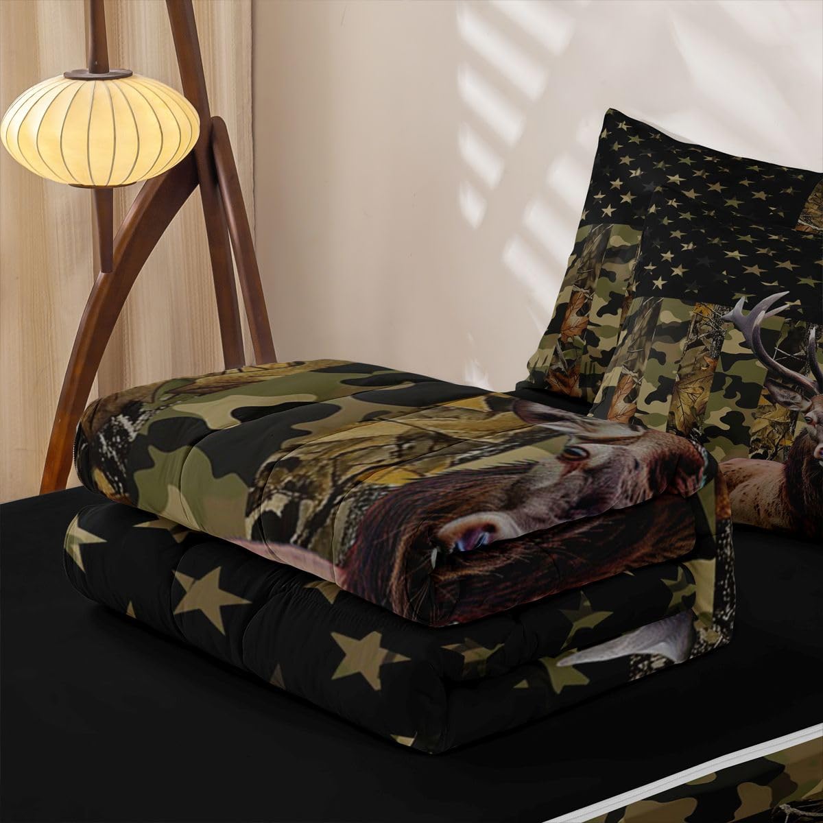 jejeloiu Deer Hunting Camo Zipper Bedding for Kids Rustic Western Deer Twin Comforter Set with Fitted Sheet 2 Pillowcases American Flag Bed in a Bag Green Camouflage Soft Lightweight Microfiber
