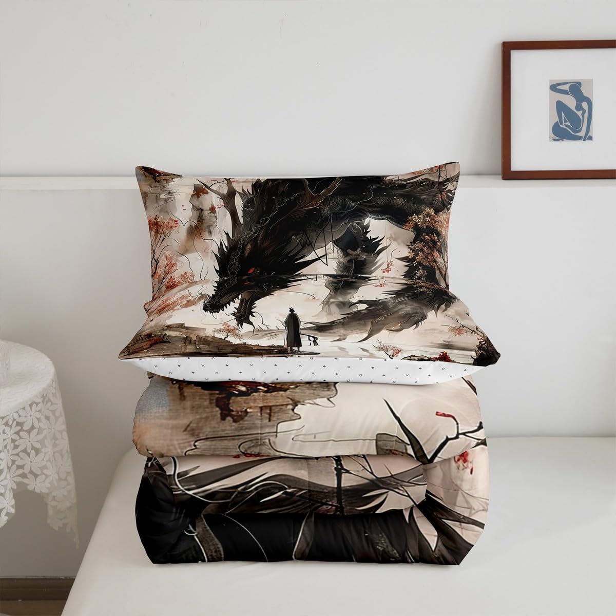 Feelyou Dragon Comforter Set King Size Japanese Style Comforter for Boys Girls Teens Samurai Bedding Set Japanese Ukiyoe Duvet Set Room Decor Black Beige Quilt Set